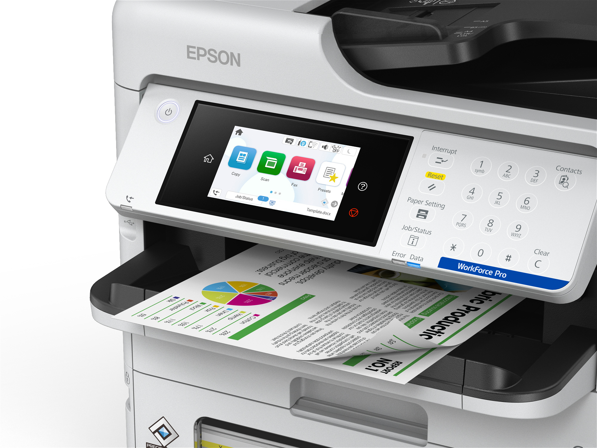 Drukarka Epson z ekranem dotykowym wyświetlającym ikony. Wydrukowany dokument w tacy.