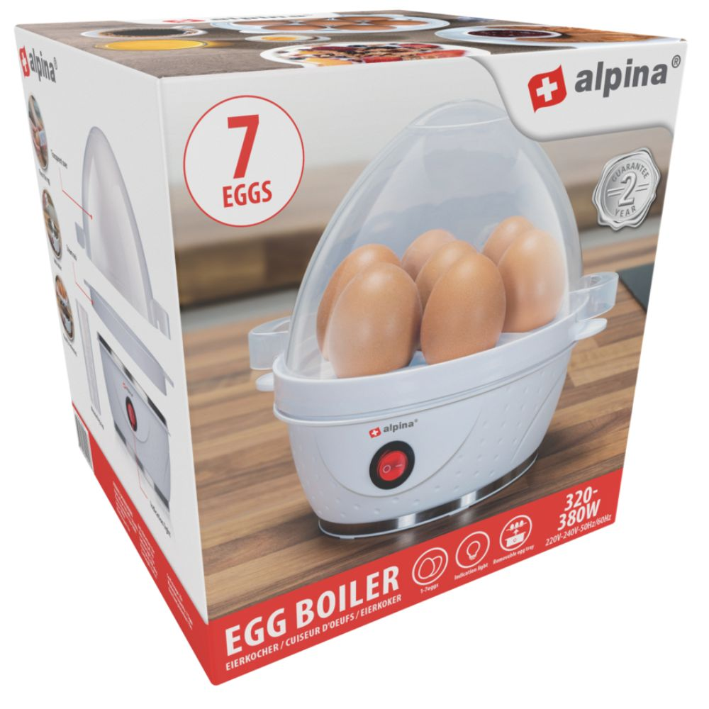 Egg boiler with eggs inside and a box with images of eggs and text.