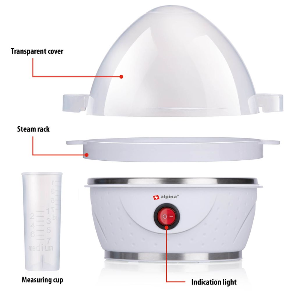 White egg cooker with a transparent lid, steam rack, measuring cup, and indication light.