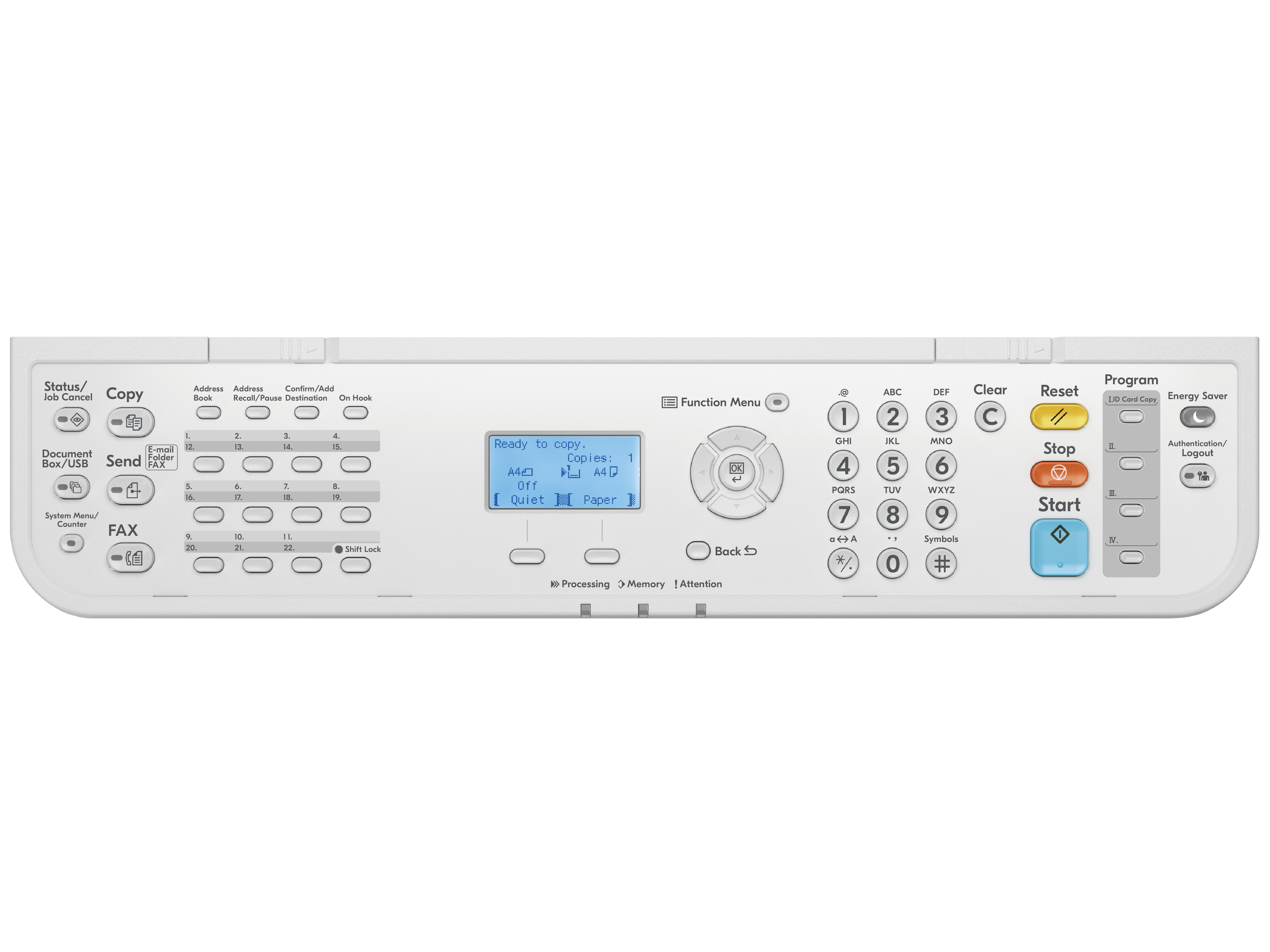 Biały panel sterowania drukarki z różnymi przyciskami i ekranem. Tło jest białe.