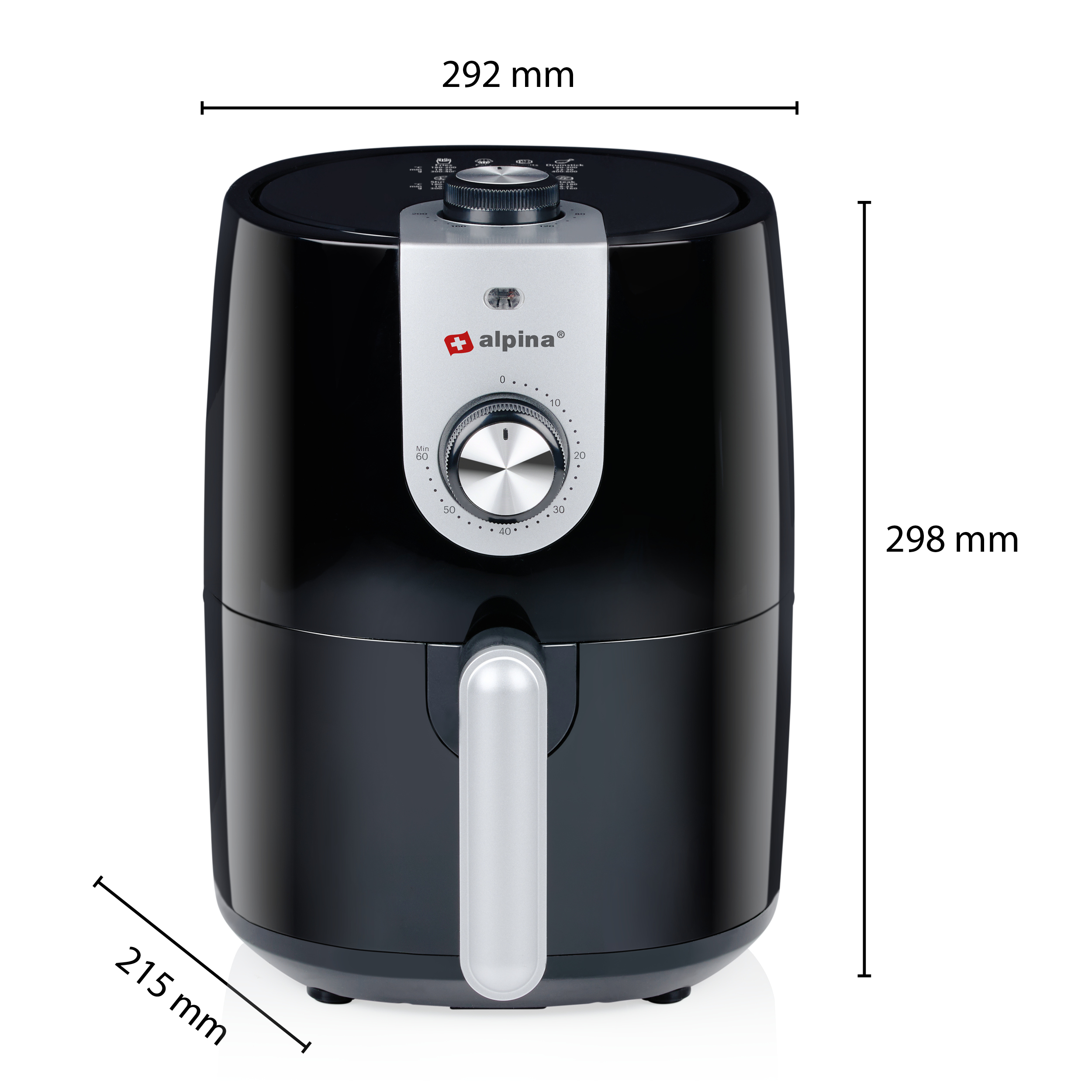 Een zwarte airfryer met zilveren accenten en afmetingen.