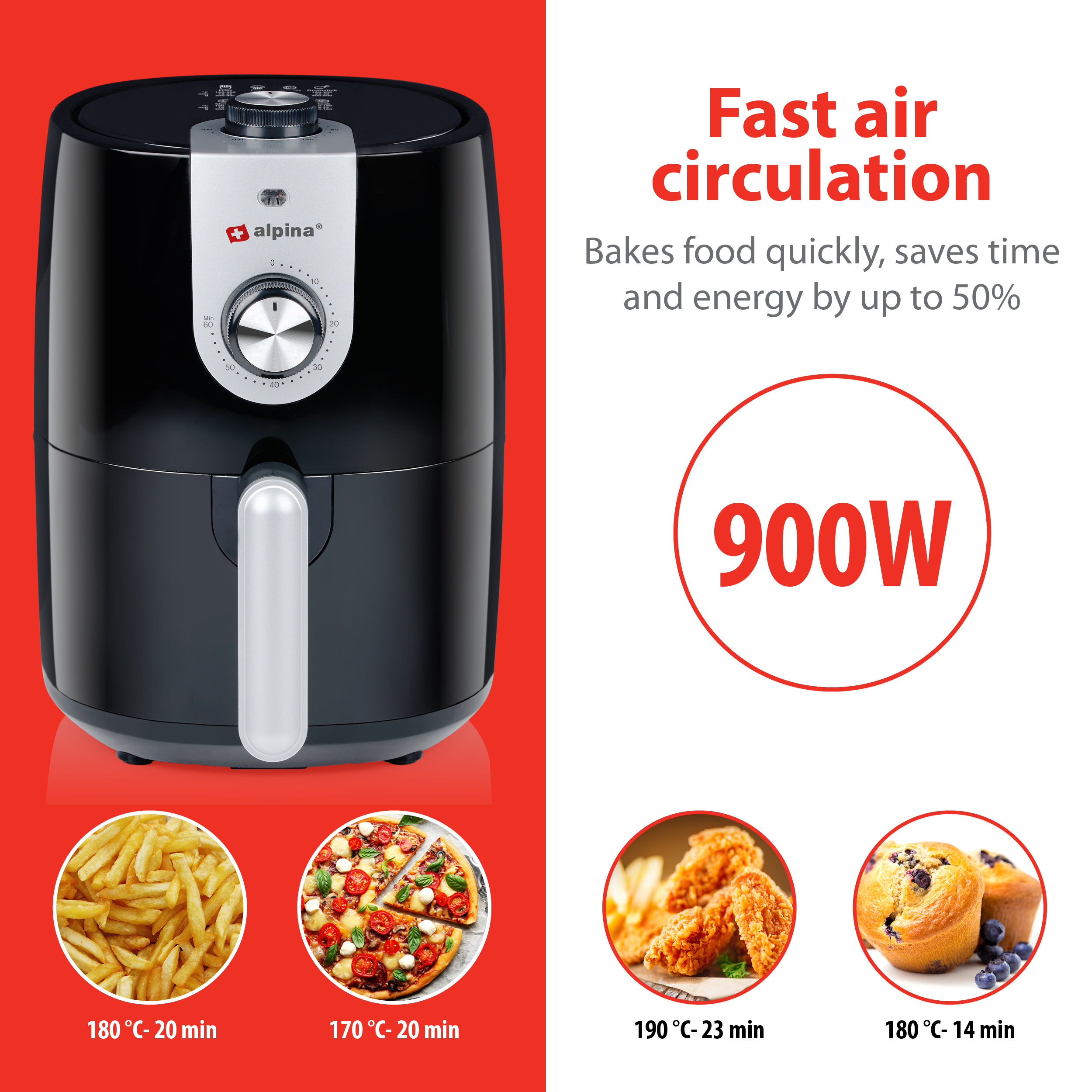 Zwarte airfryer met afbeeldingen van voedsel en tekst over snelle luchtcirculatie.