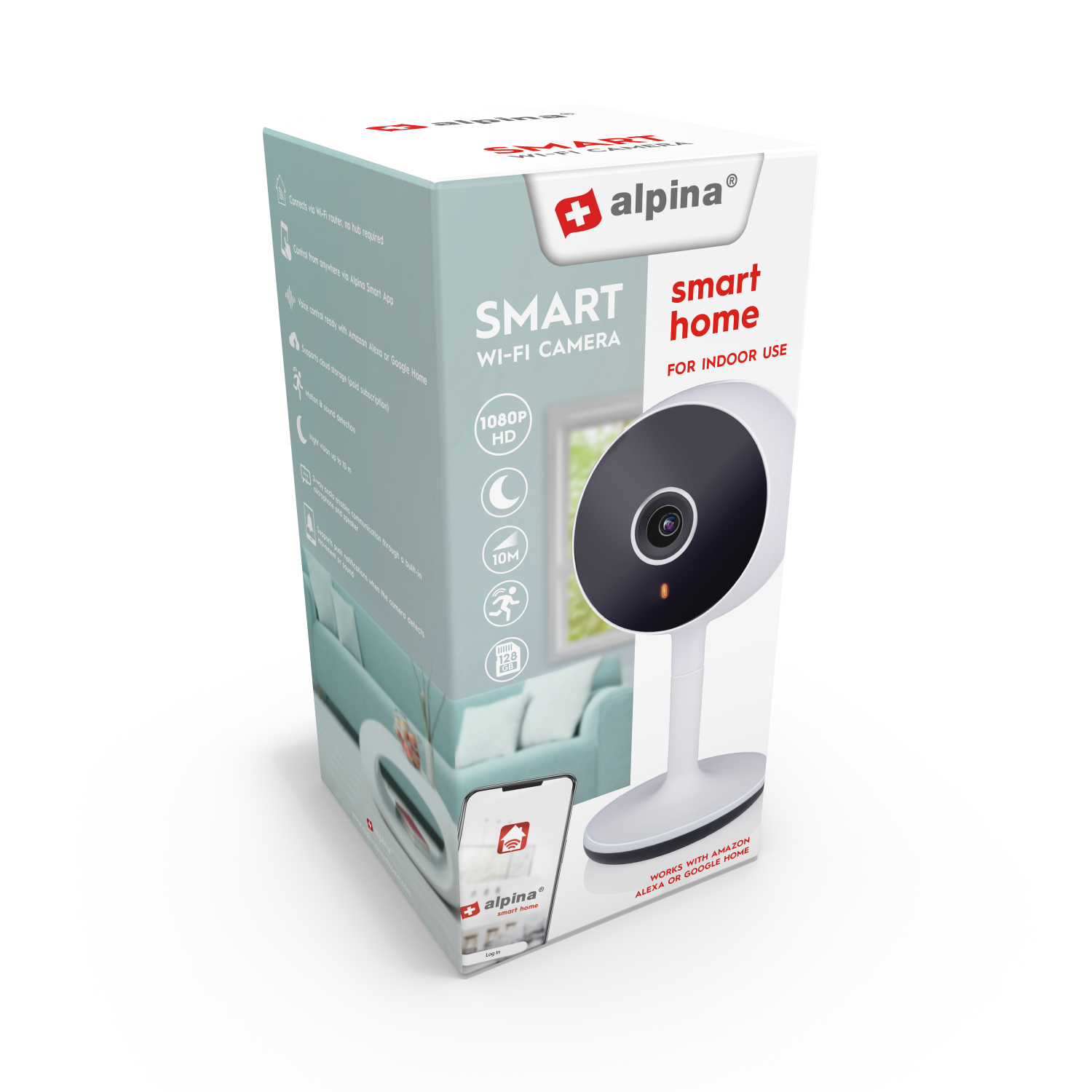 Smart home Wi-Fi camera in a box, with a sofa and a phone on the screen.