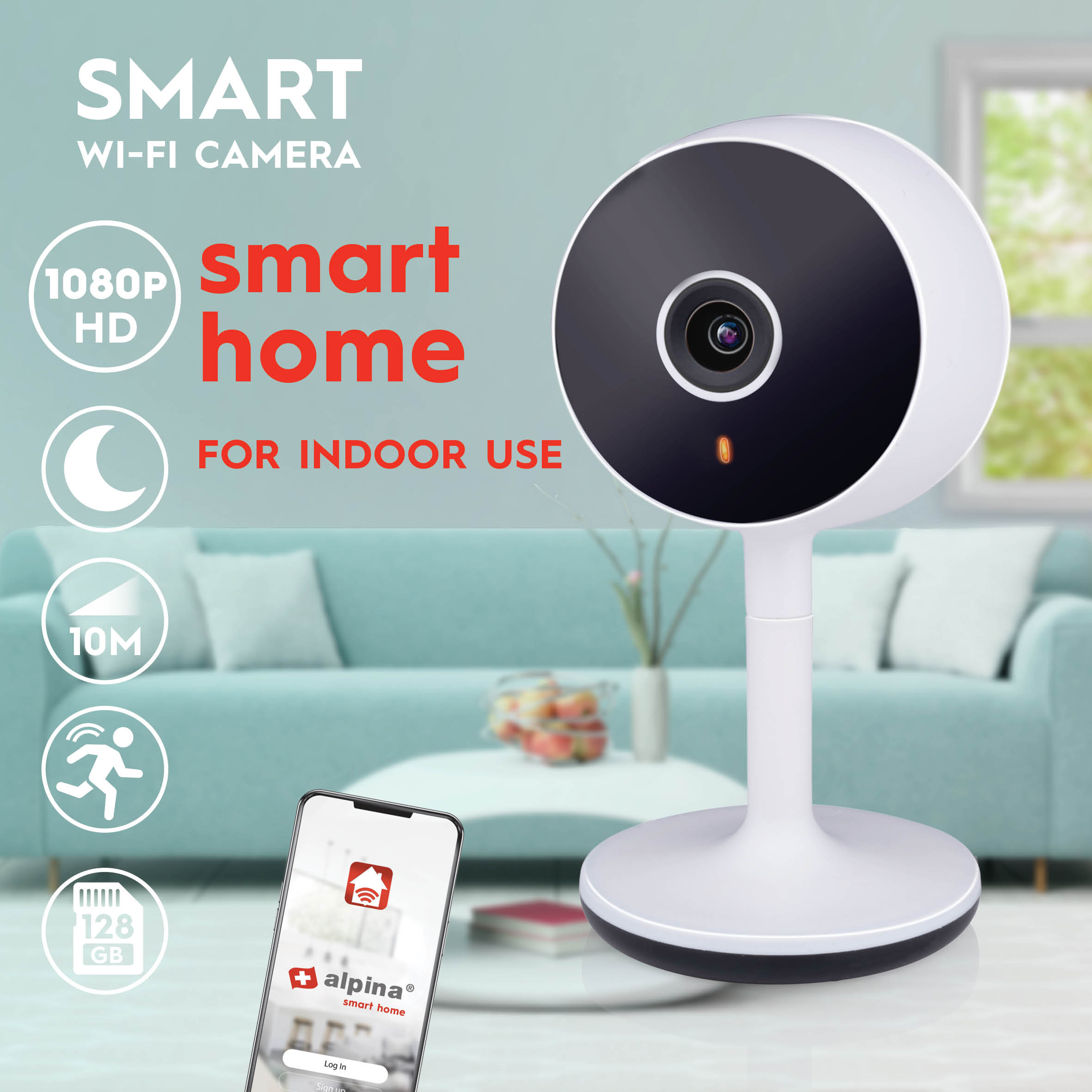 A smart home security camera on a white stand. A phone shows the app interface. The background is a living room.