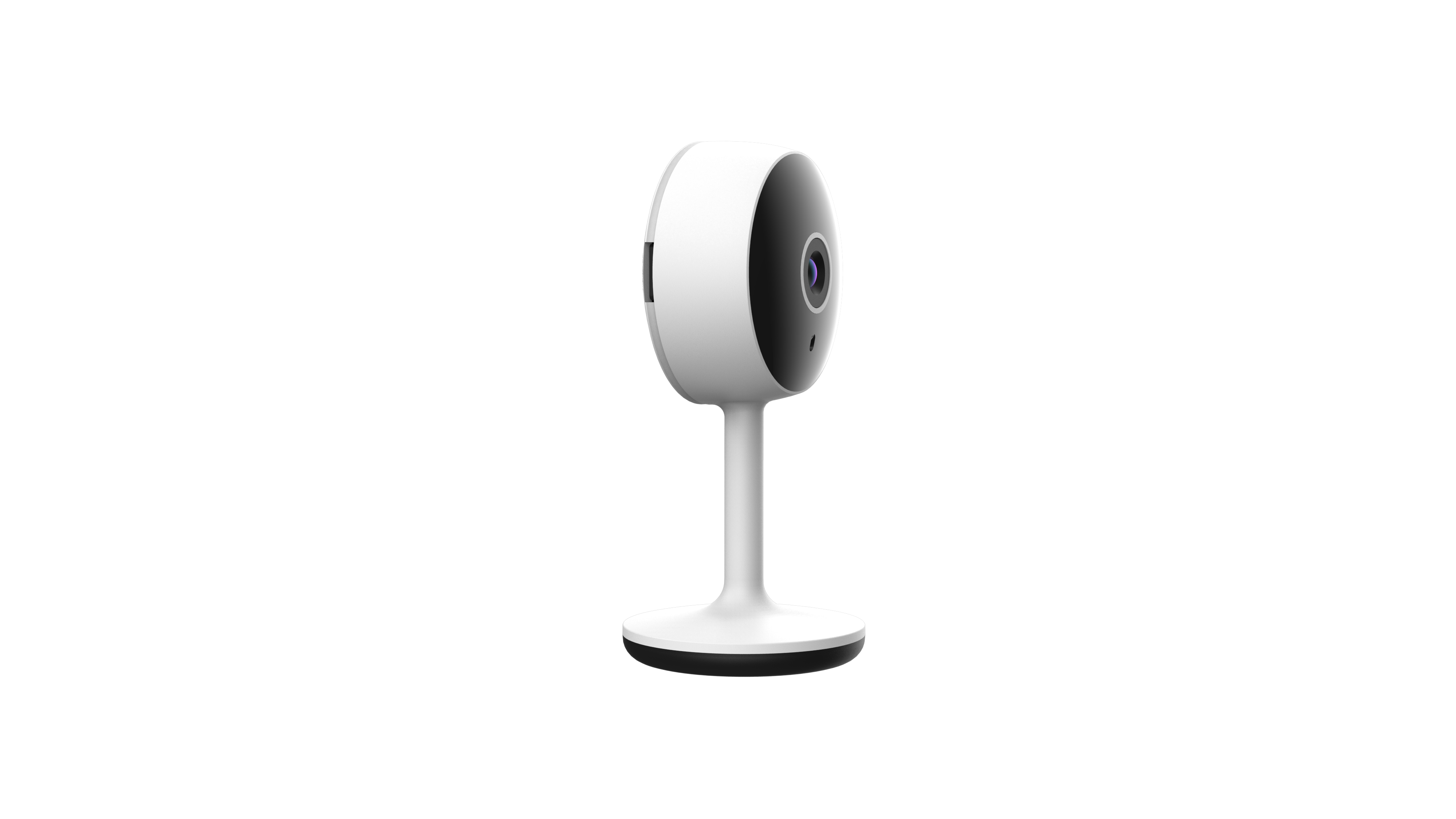 White security camera on a stand against a black background.
