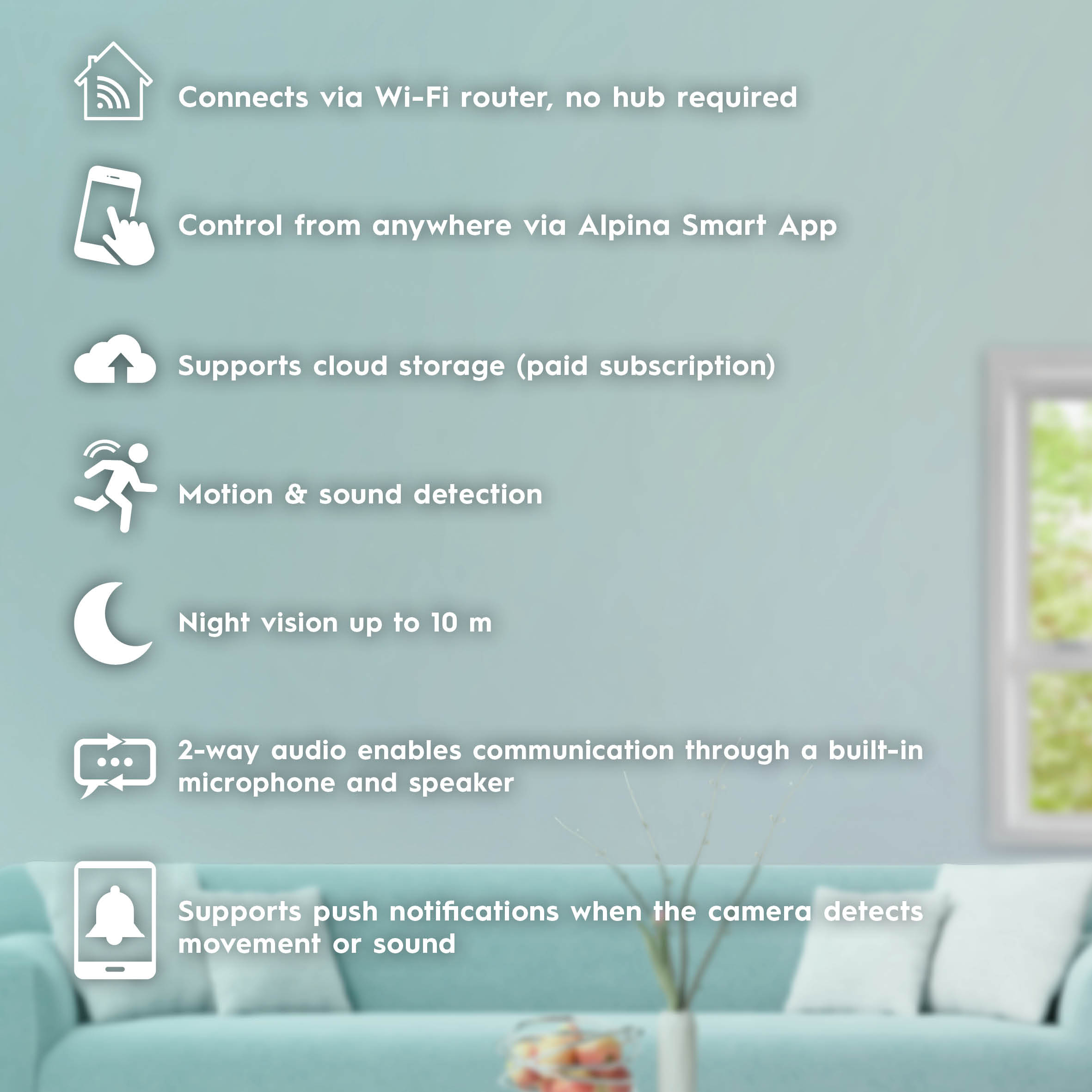 A white background with icons about home automation, cloud storage, and motion detection.