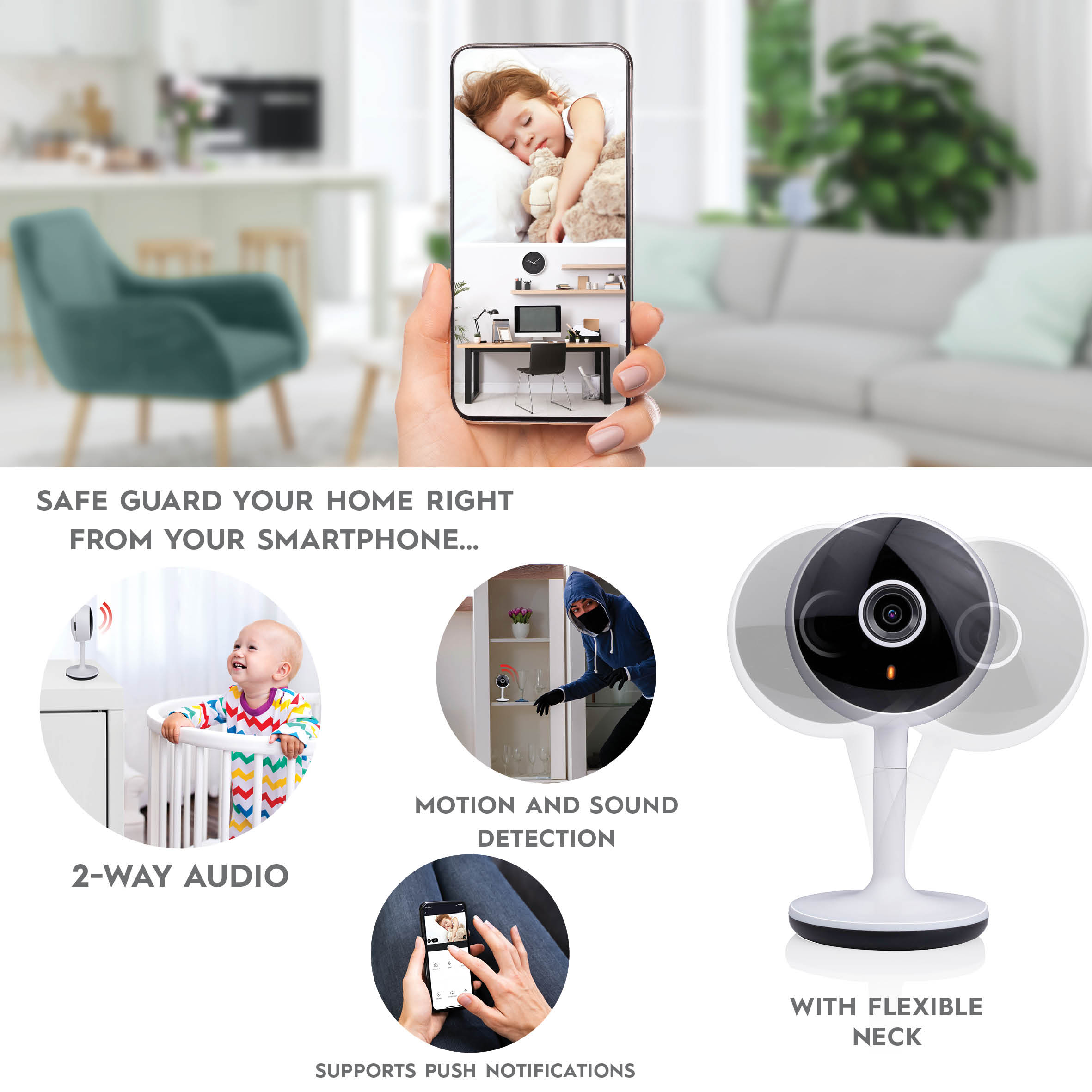 A security camera, a baby in a crib, and a person on a phone, all from a smartphone display.