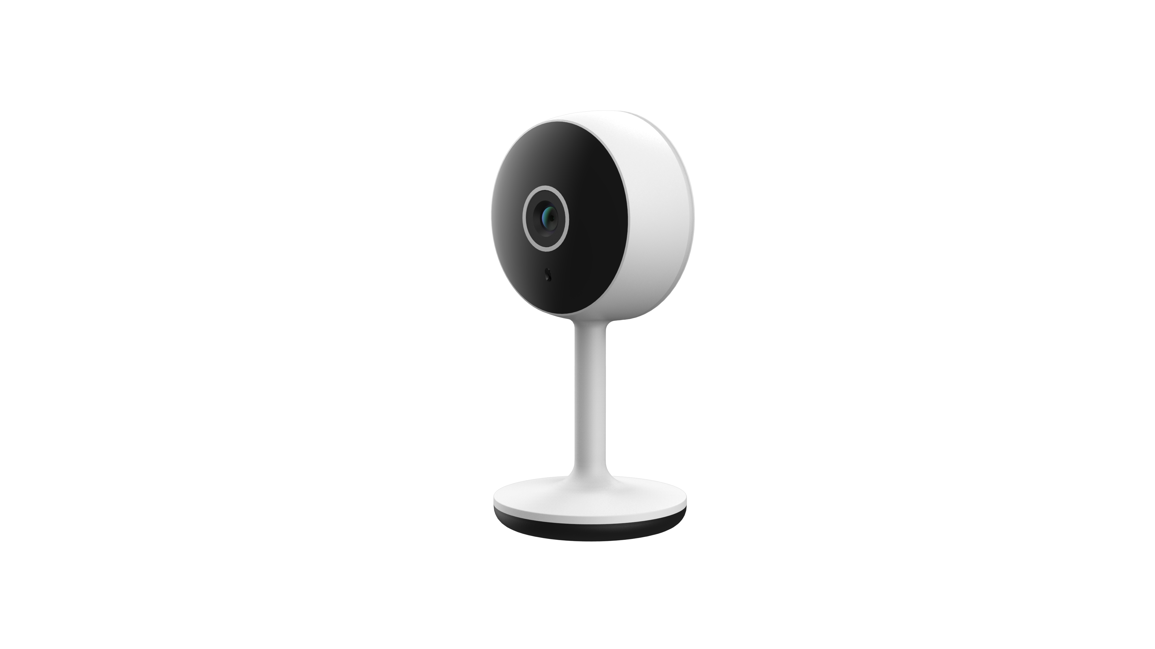 A small white security camera on a stand, with a black lens and a dark background.