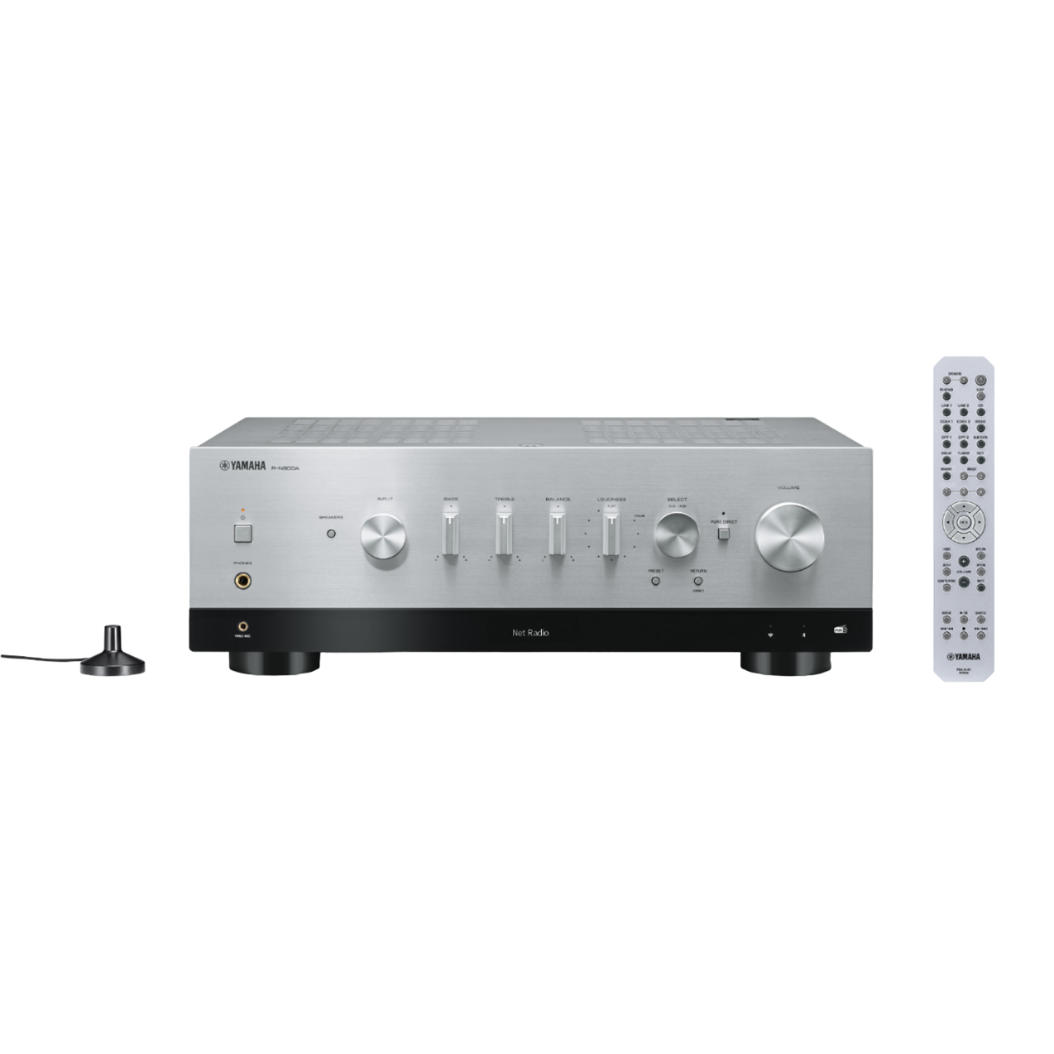 Silberner Yamaha-Receiver mit Fernbedienung, schwarzem Sockel und schwarzer Antenne.