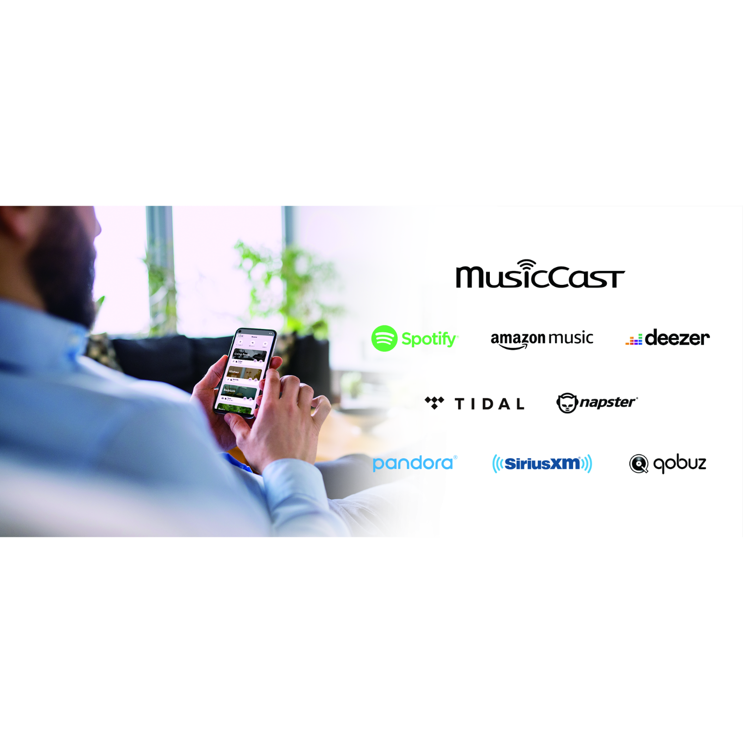 Ein Smartphone, das eine Musik-App mit Logos von Musik-Streaming-Diensten anzeigt.