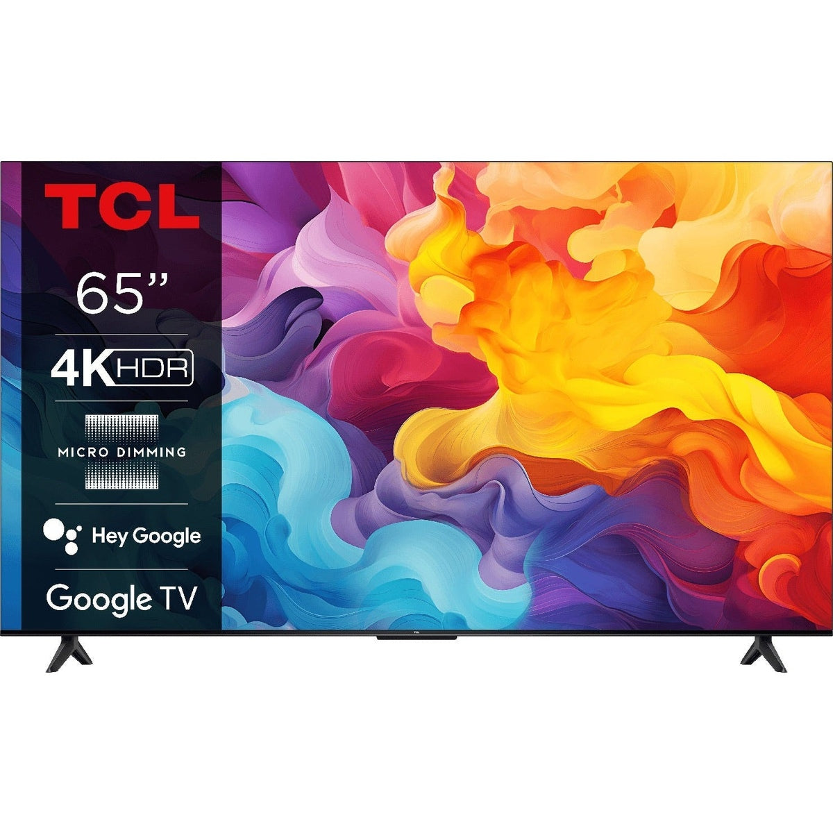 65-calowy telewizor TCL wyświetla kolorowe, abstrakcyjne tło z logo 4K HDR, Google TV i Hey Google.