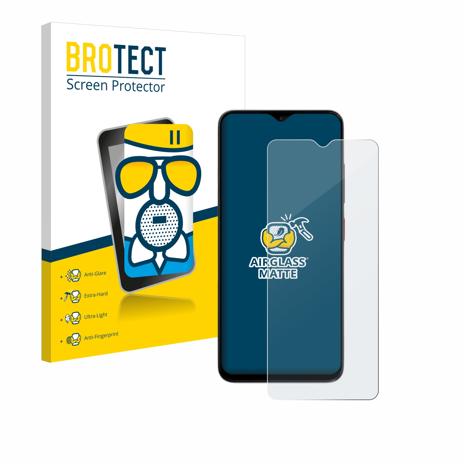 Ein Smartphone mit Displayschutzfolie und die Verpackung der Schutzfolie.