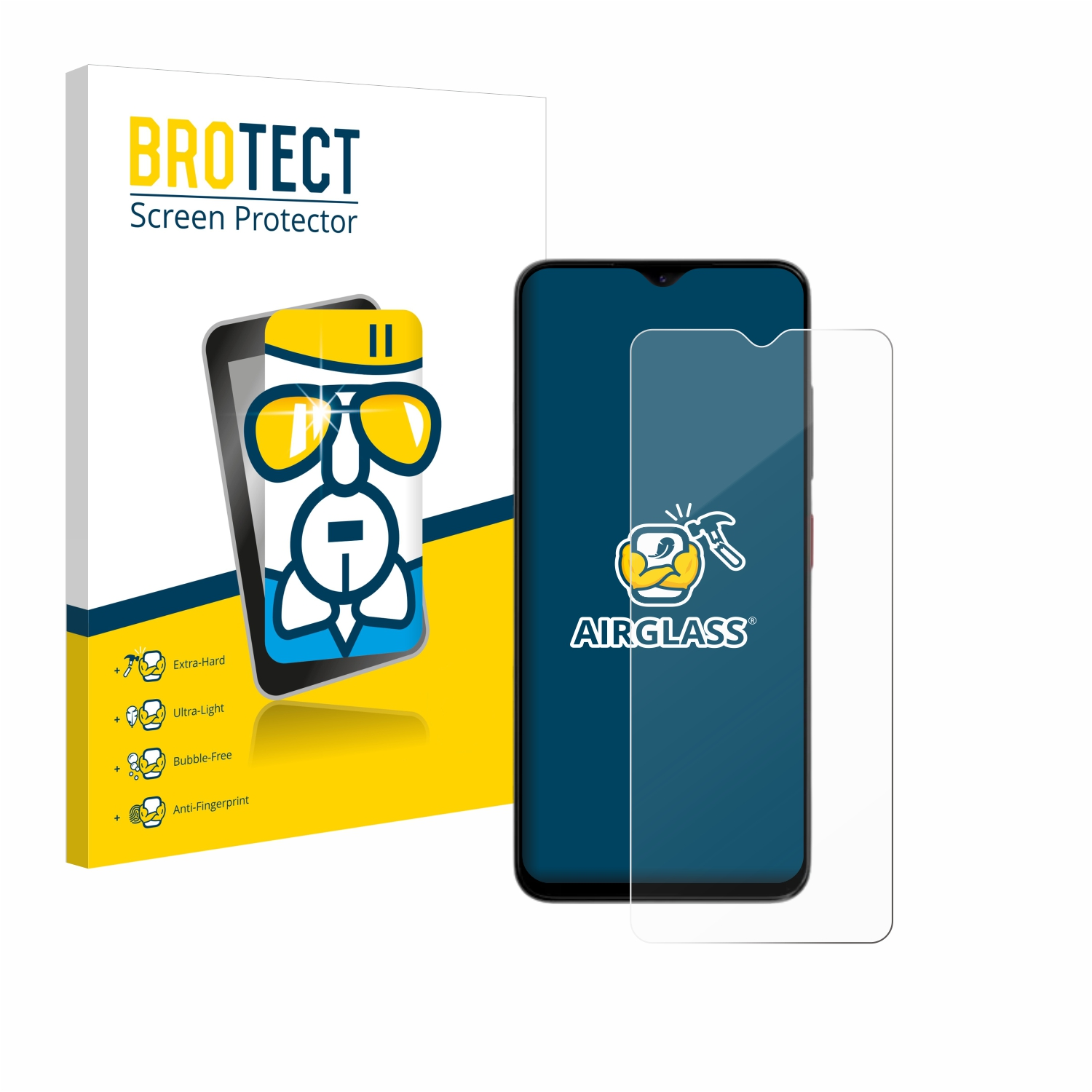 Displayschutzbox mit Telefon und Schutzfolie. Auf der Box steht 'BROTECT Screen Protector' und ein Cartoon.