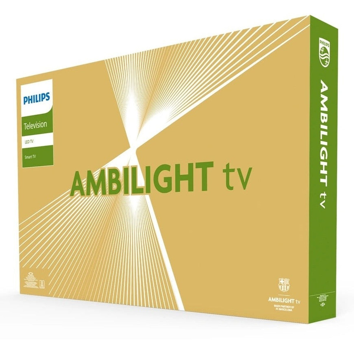 Una scatola TV con le parole 'Ambilight tv' scritte sul davanti.