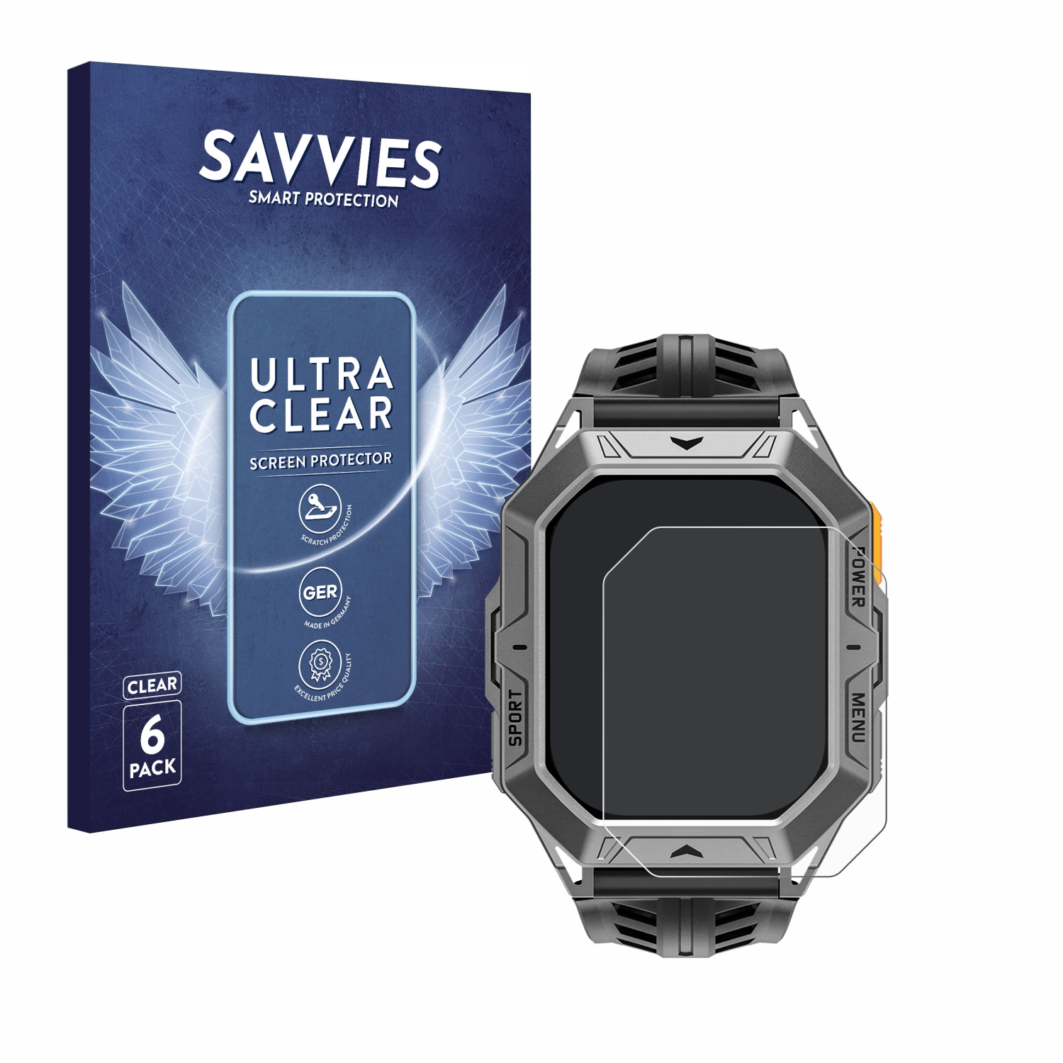 Eine Smartwatch mit Displayschutz und einer Packung mit 6 Schutzfolien.