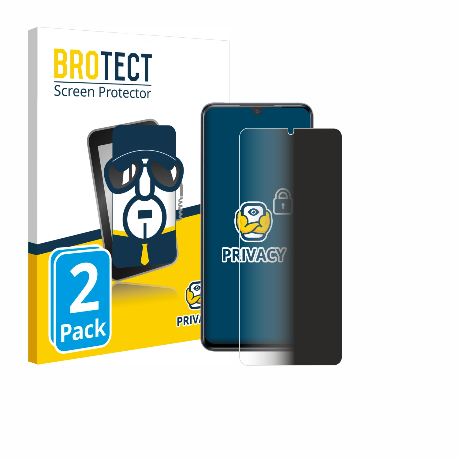 Ein Telefon mit Datenschutz-Displayschutz und Verpackung auf weißem Hintergrund.