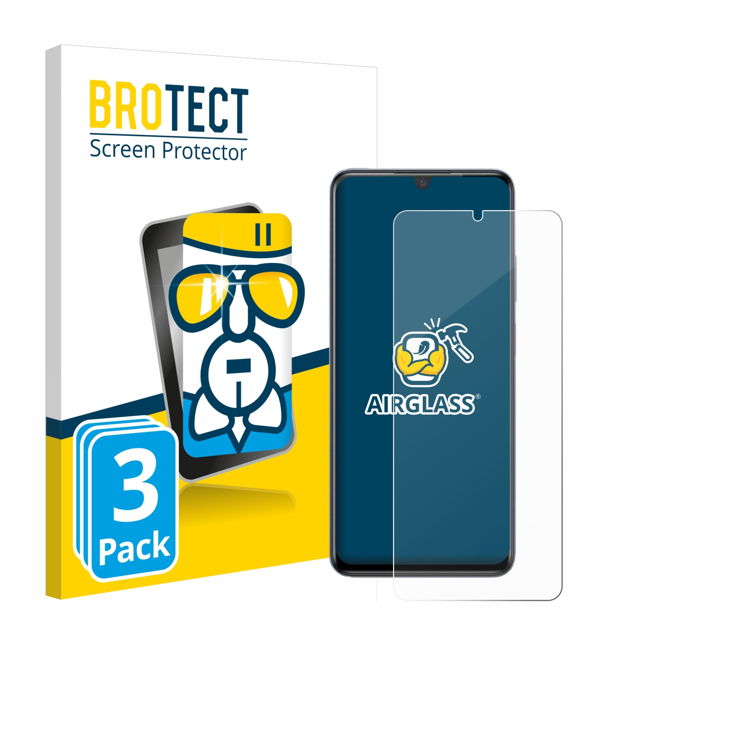 Displayschutzfolien-Packung mit drei Schutzfolien, Smartphone und einer Box.
