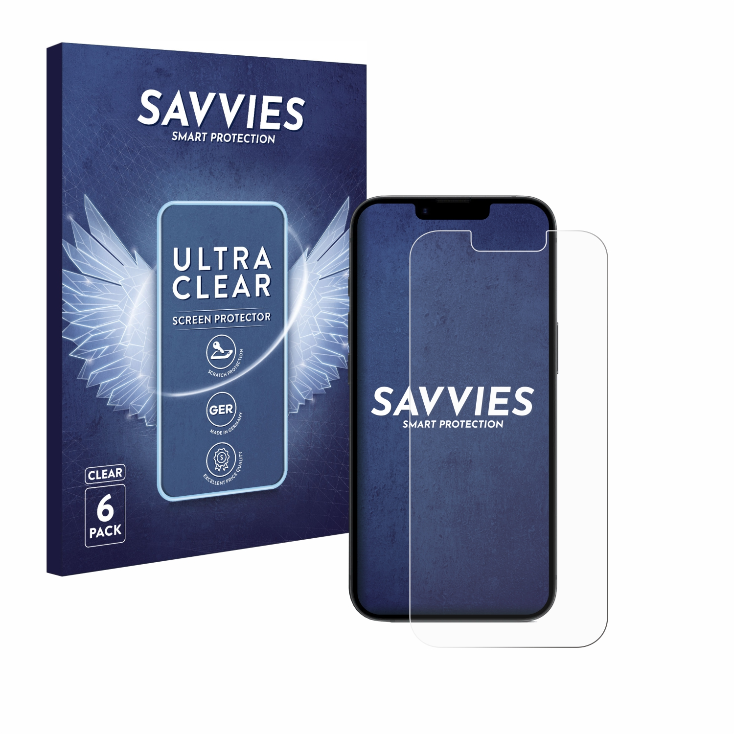Schwarzes Telefon mit Displayschutzfolie und Schachtel. Die Displayschutzfolie ist klar. 6er-Pack.
