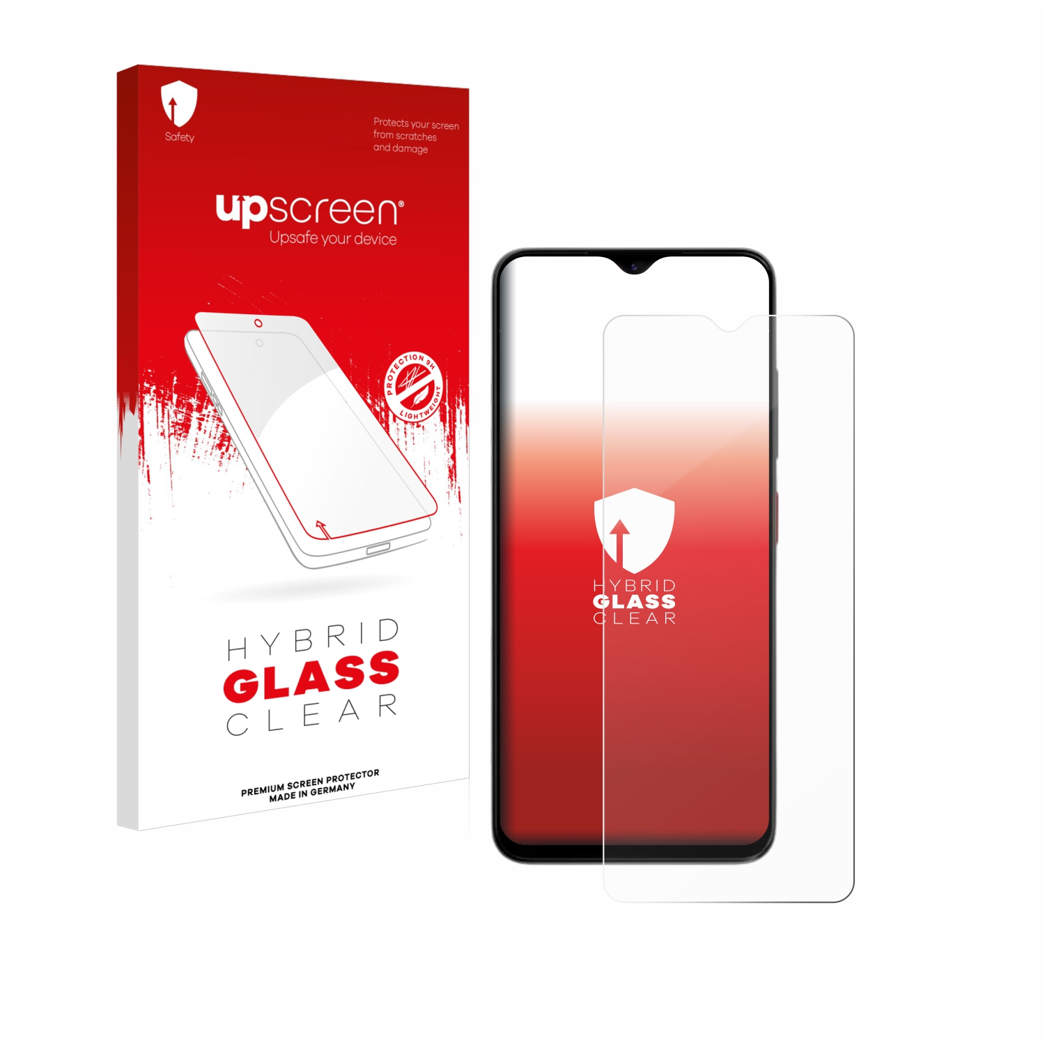 Ein Smartphone mit Displayschutzfolie und eine Box mit Details zur Displayschutzfolie.