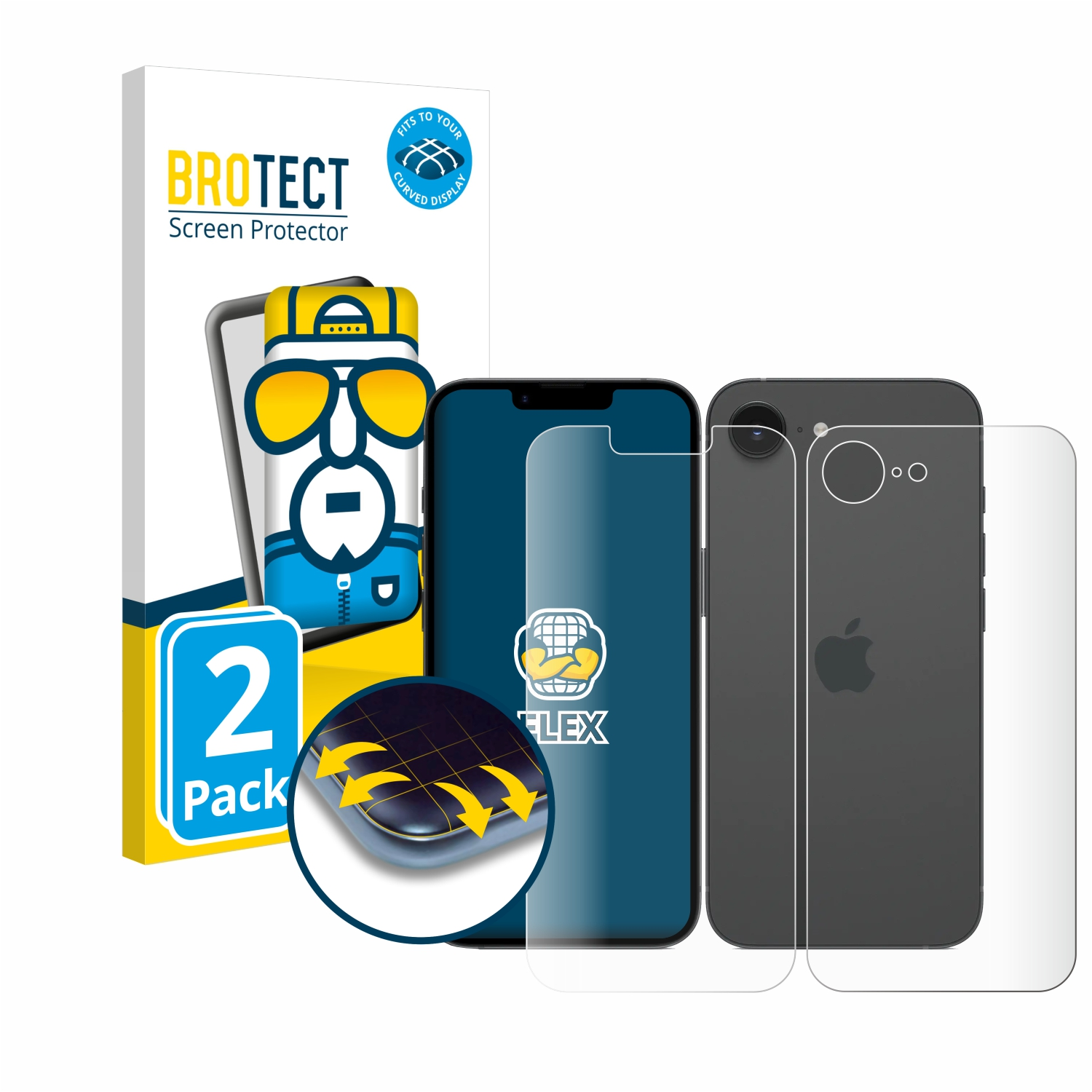 Schwarzes Telefon und eine Displayschutzfolie. Box links mit Displayschutzfolien-Bild. Klare Folie.