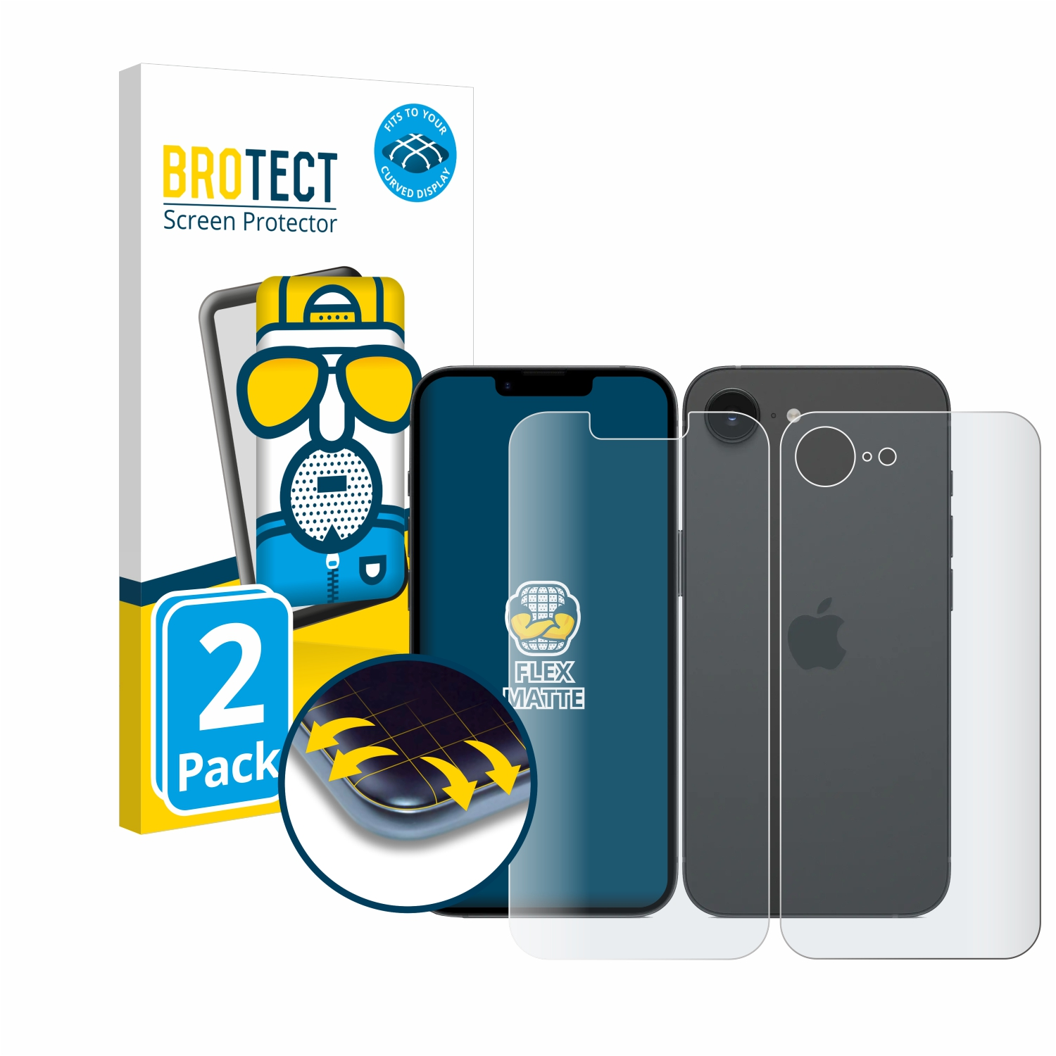 Telefone mit Displayschutzfolien und Box. Die Box hat Cartoon-Design und zeigt gebogenen Displayschutz.