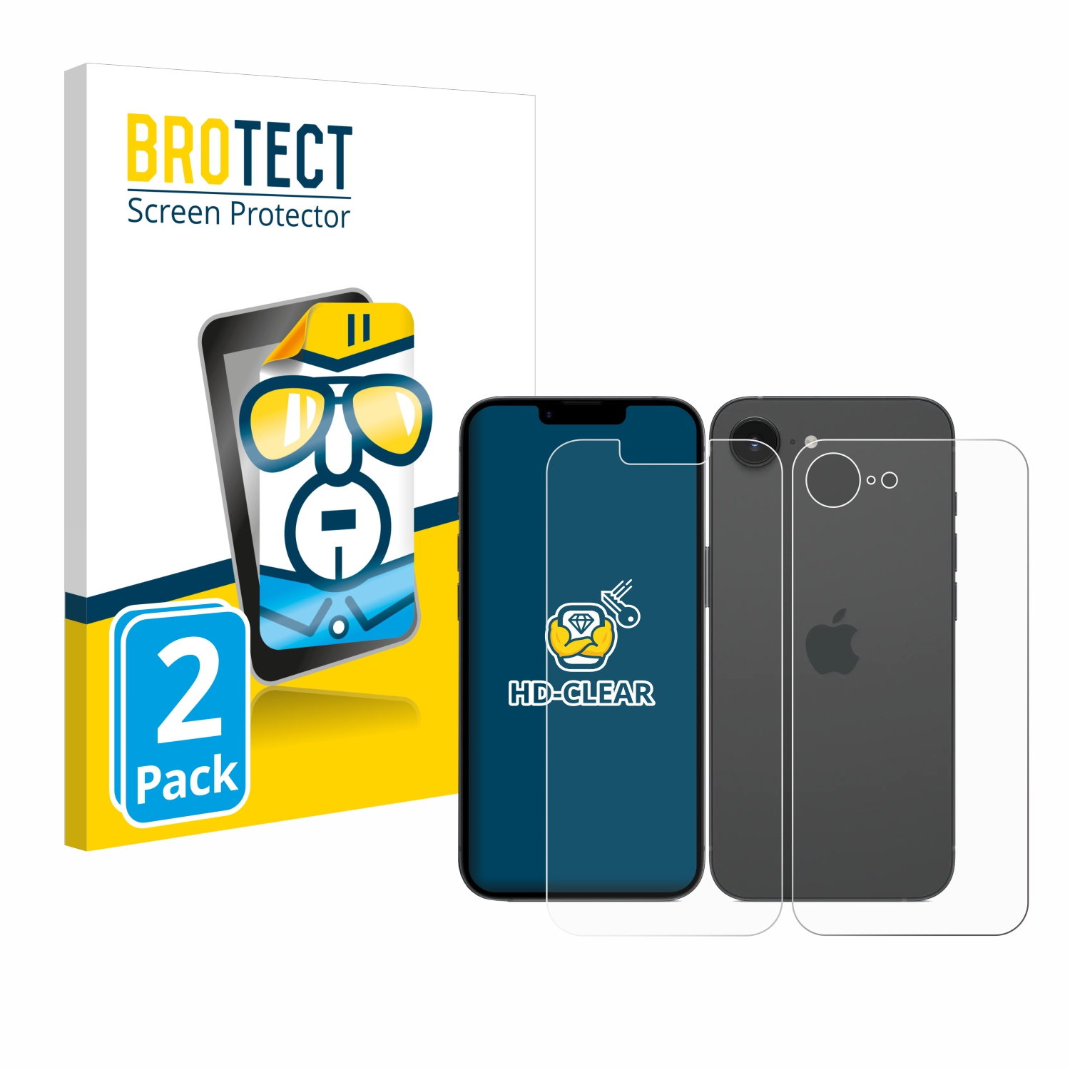 Ein Telefon mit Displayschutz und Verpackung, auf weißem Hintergrund.
