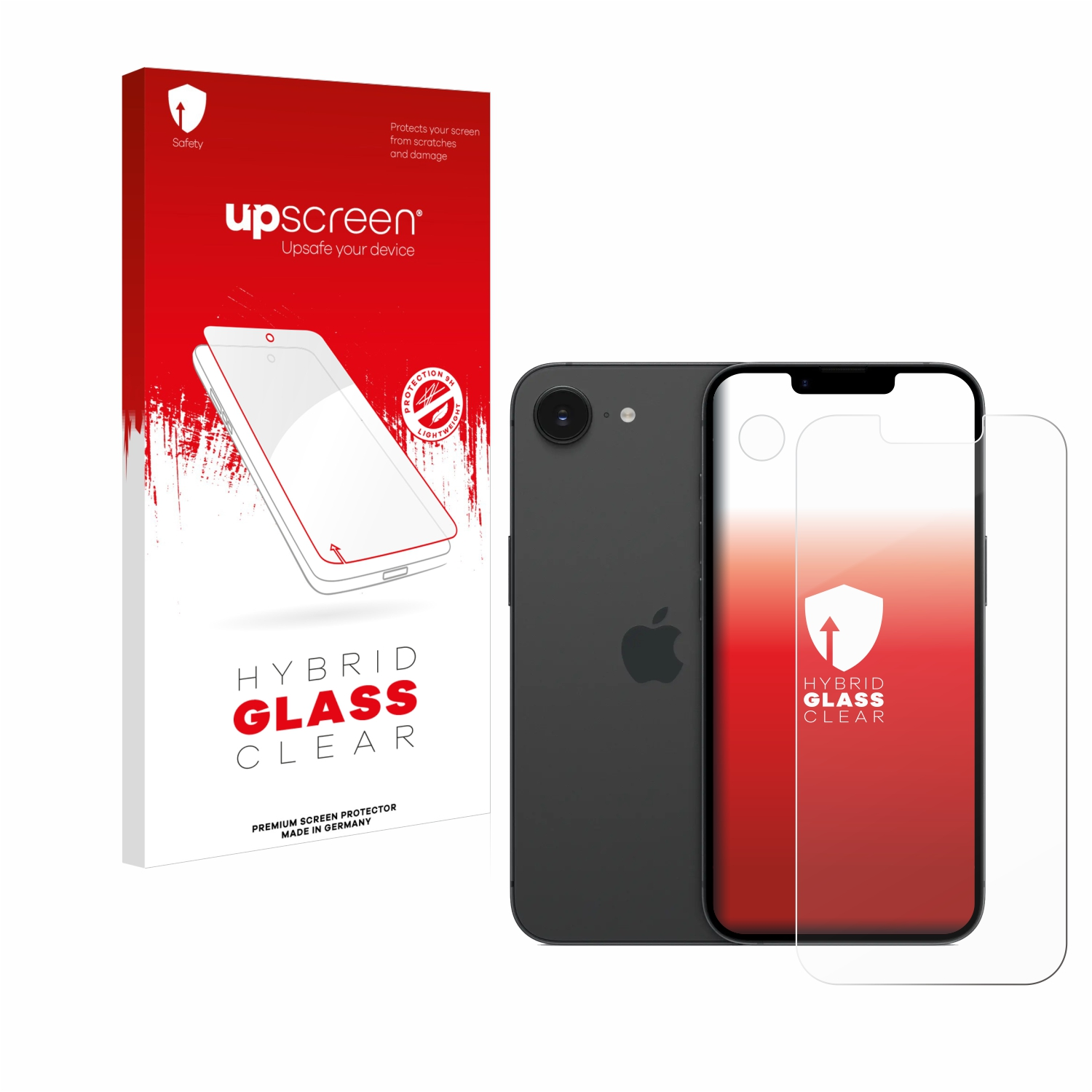 Telefon, Displayschutz und Schachtel. Upscreen-Schachtel mit roter Oberseite. Telefon schwarz mit angebrachter Folie.