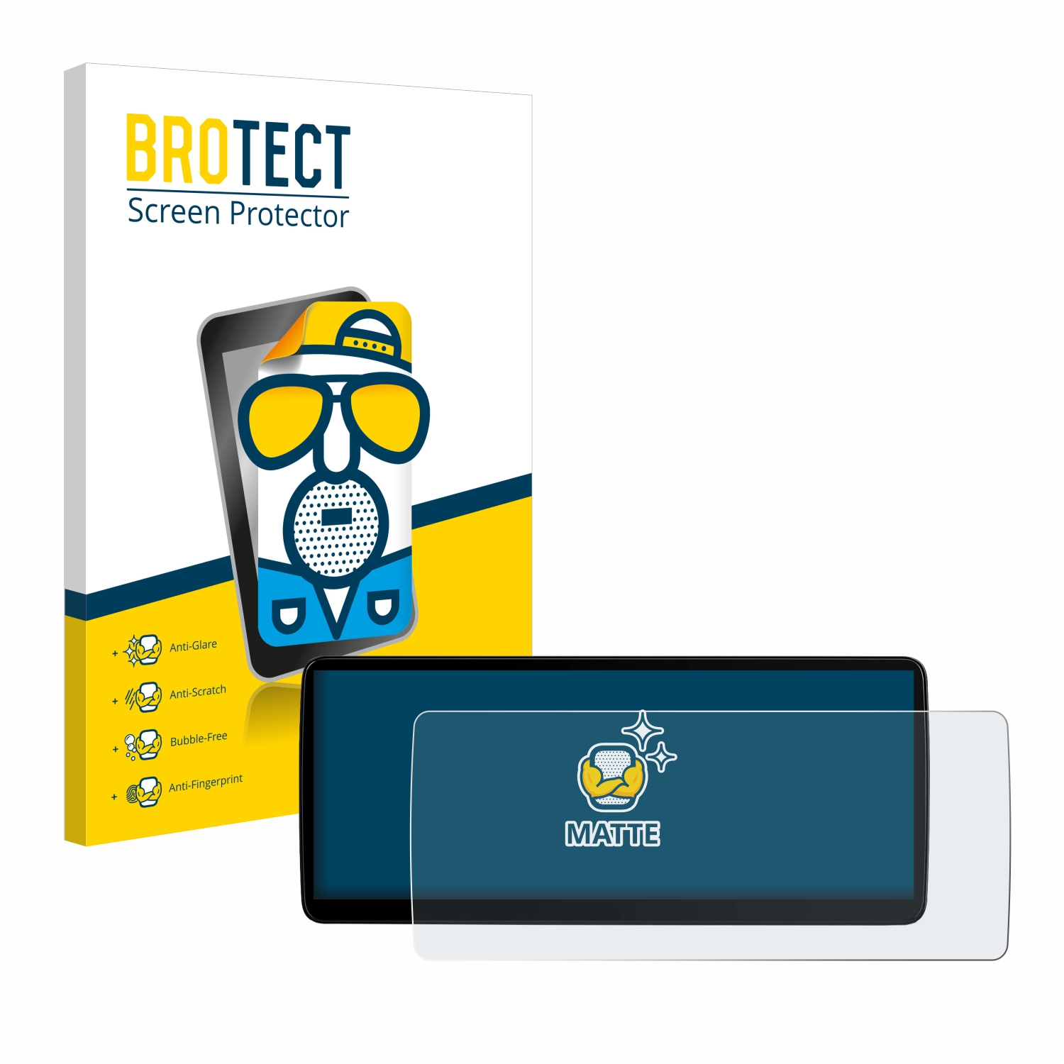 Ein Telefon mit Displayschutz und einer Box mit der Aufschrift 'BROTECT Screen Protector'. Die Box ist gelb und weiß.