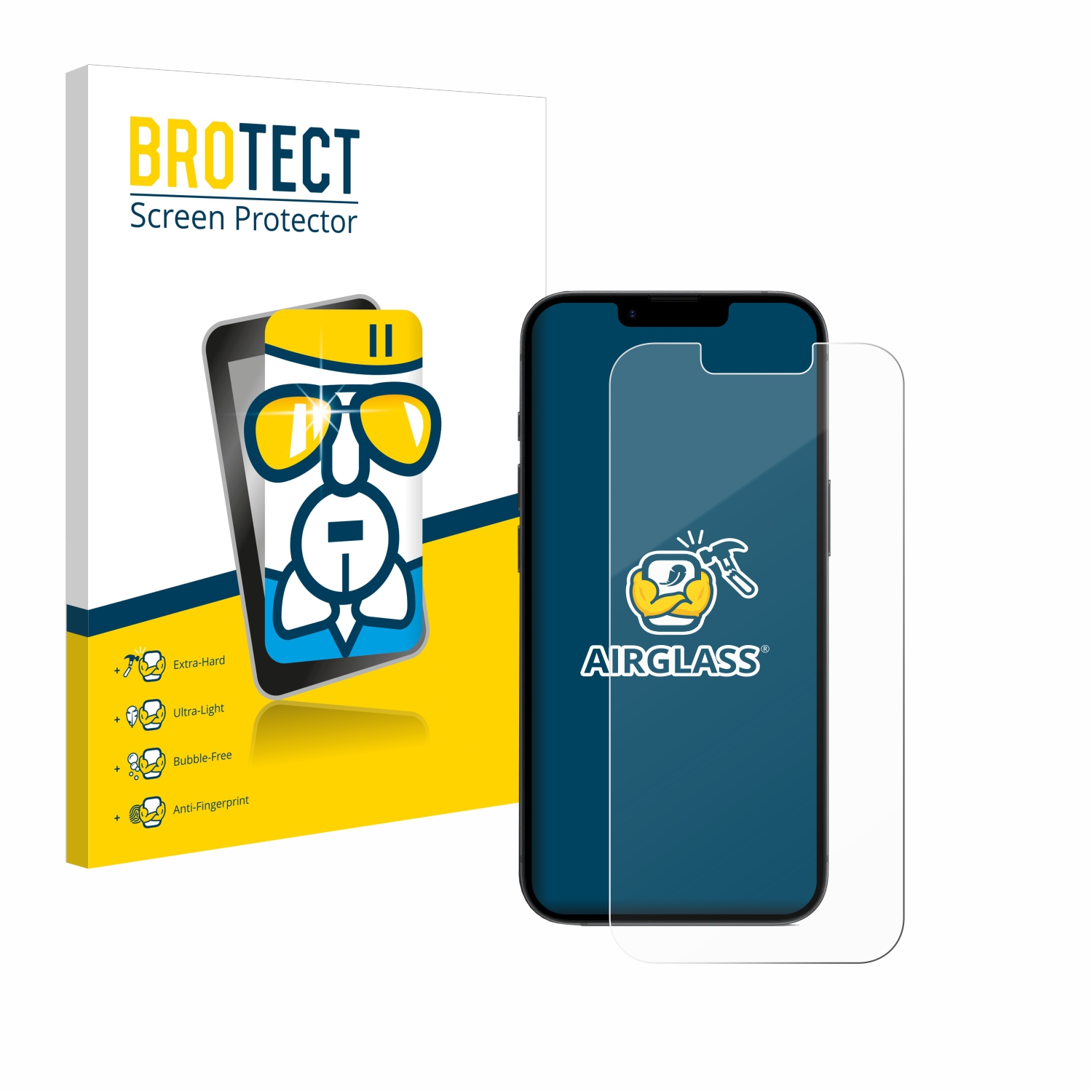 Smartphone mit AIRGLASS-Displayschutzverpackung. Die Verpackung zeigt einen klaren Schutz und das Gerät.