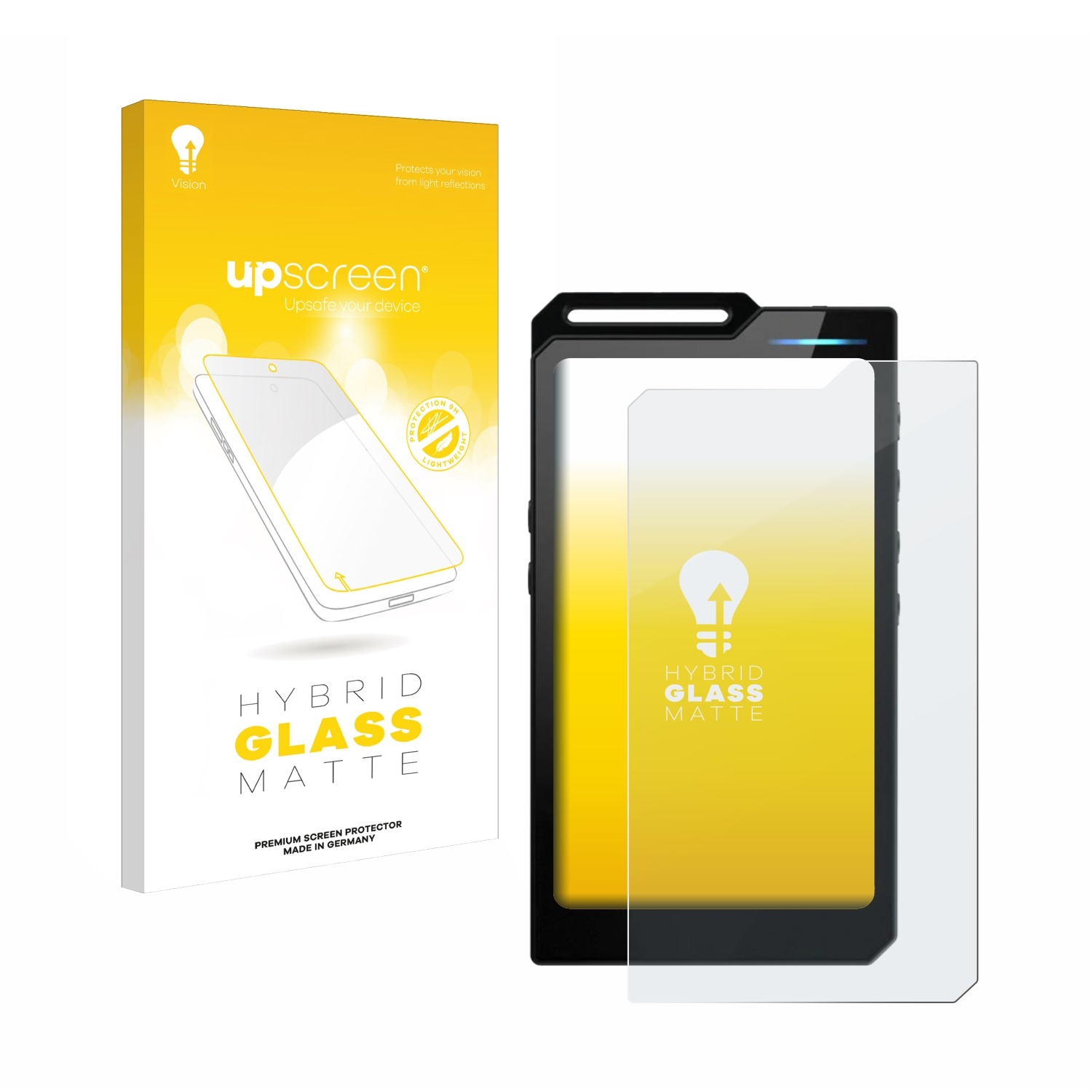Weiße Schachtel mit Telefon und Displayschutzfolie. Telefon mit Displayschutzfolie neben der Schachtel.