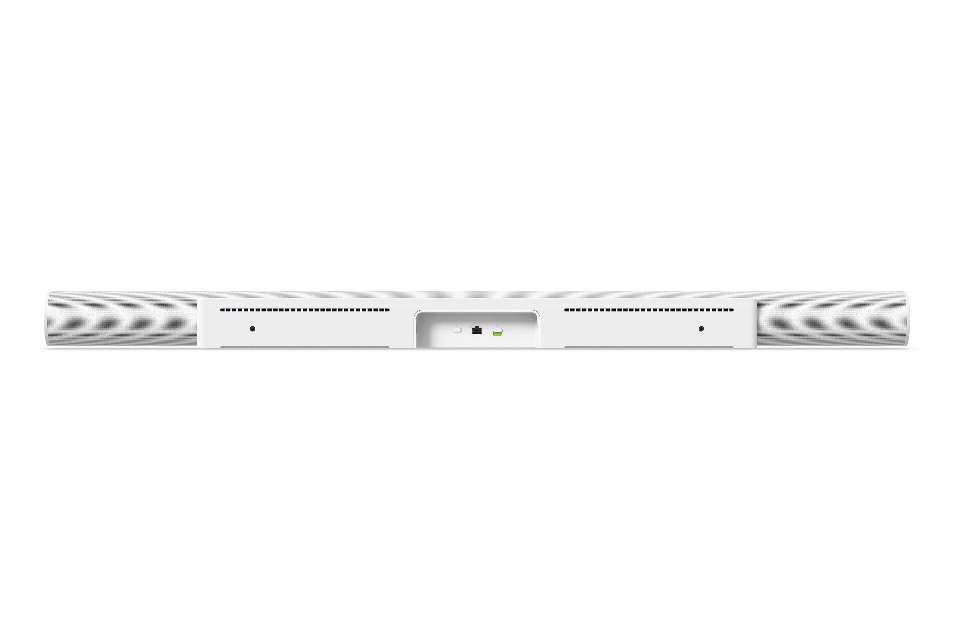 Biały soundbar z centralną sekcją i dwoma teksturowanymi końcami.