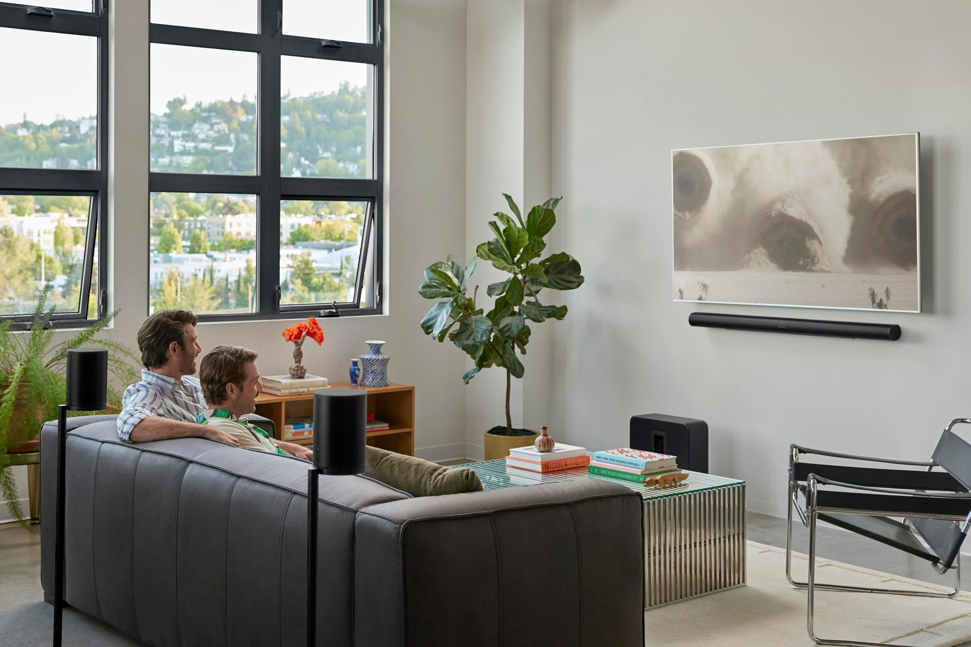 Dwóch mężczyzn siedzących na szarej sofie oglądających telewizję. Głośniki, roślina i stolik kawowy przed nimi.