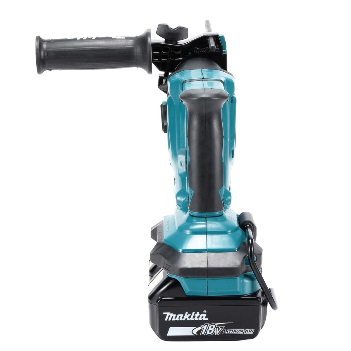 Taladro Makita 18V Litio-Ion turquesa y negro con mango negro.