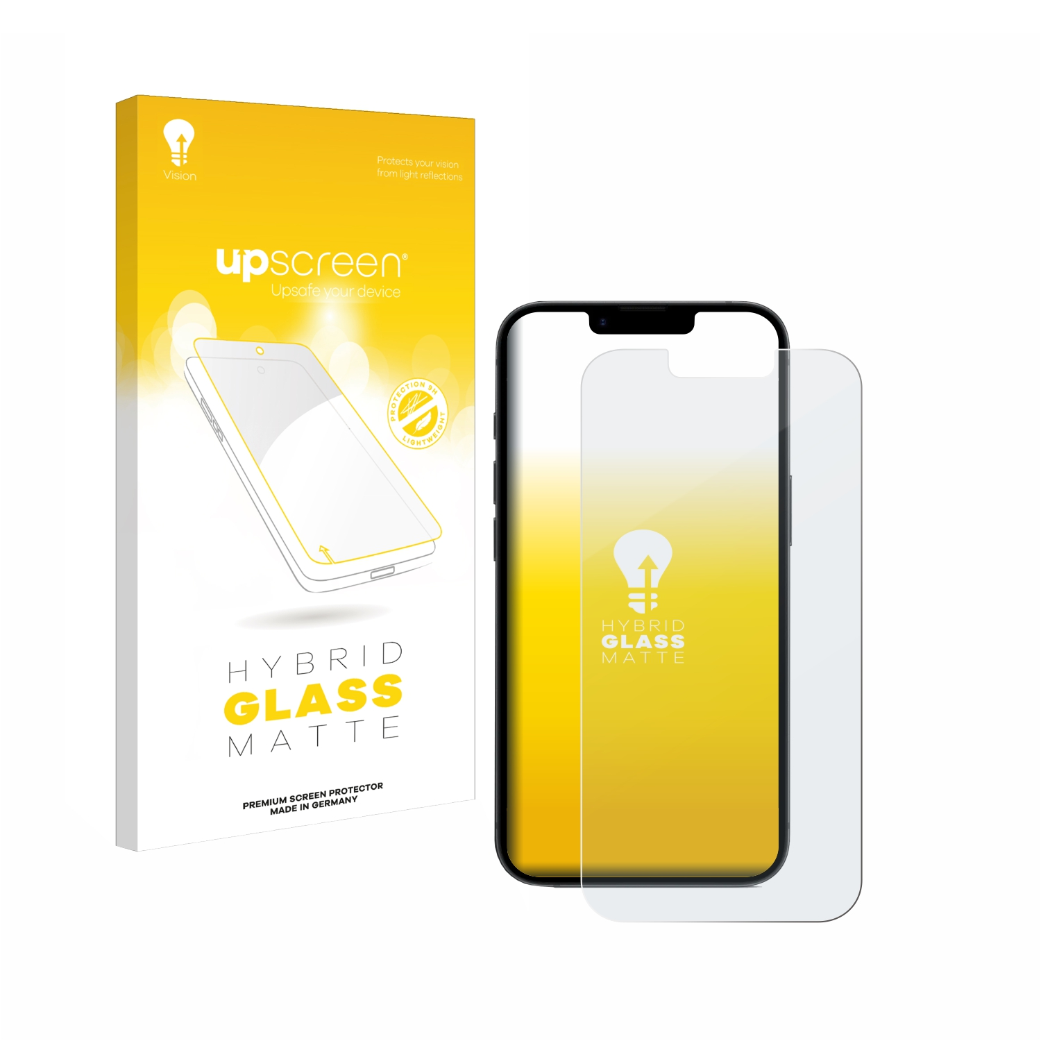 Telefon mit Displayschutz und Box. Auf der Box steht upsreen und Hybrid Glass Matte.