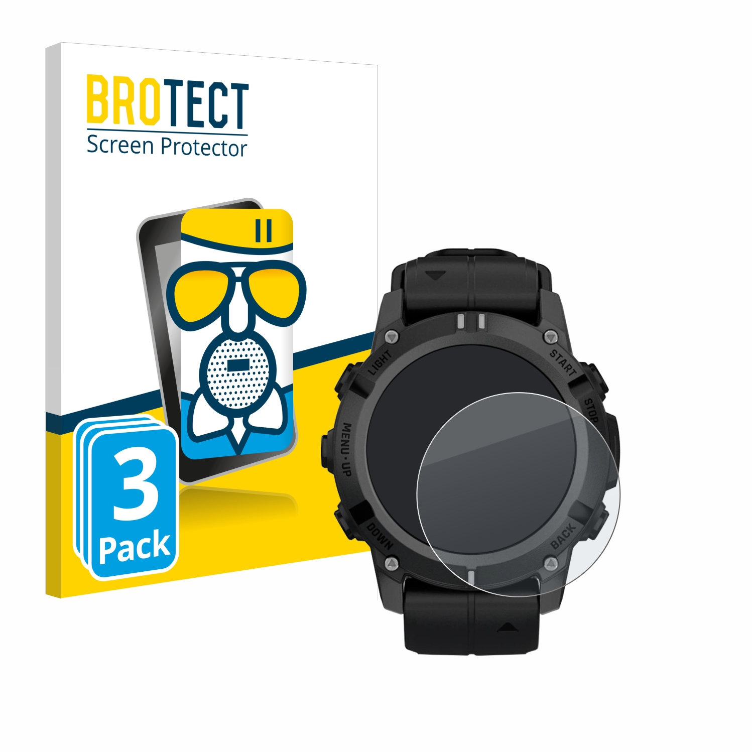 Schwarze Smartwatch mit Displayschutz, links eine Box mit Handy-Grafik und dem Text BROTECT.
