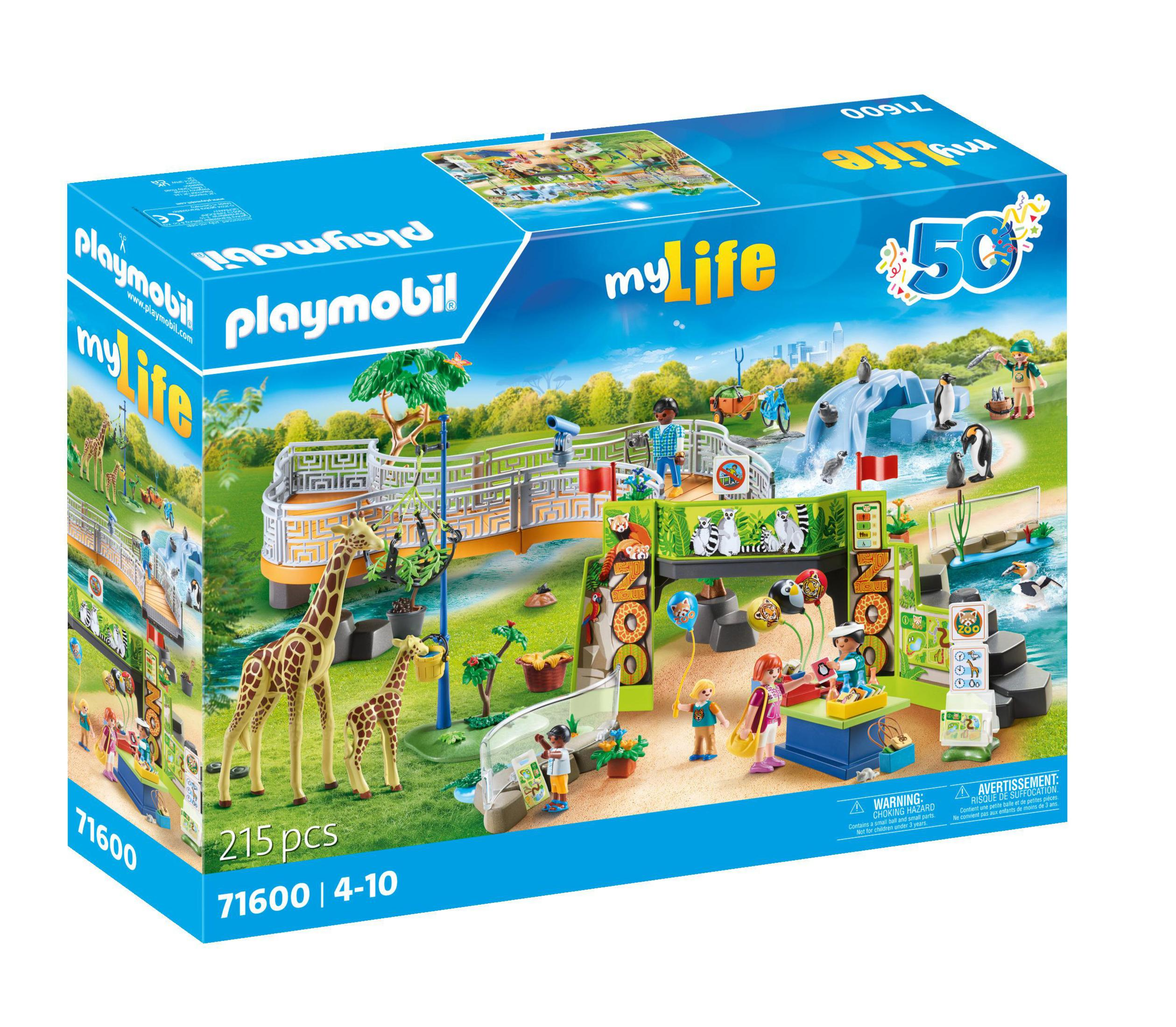 Playmobil Zoo-Set mit Giraffen, Pinguinen und Menschen in detaillierter Darstellung.