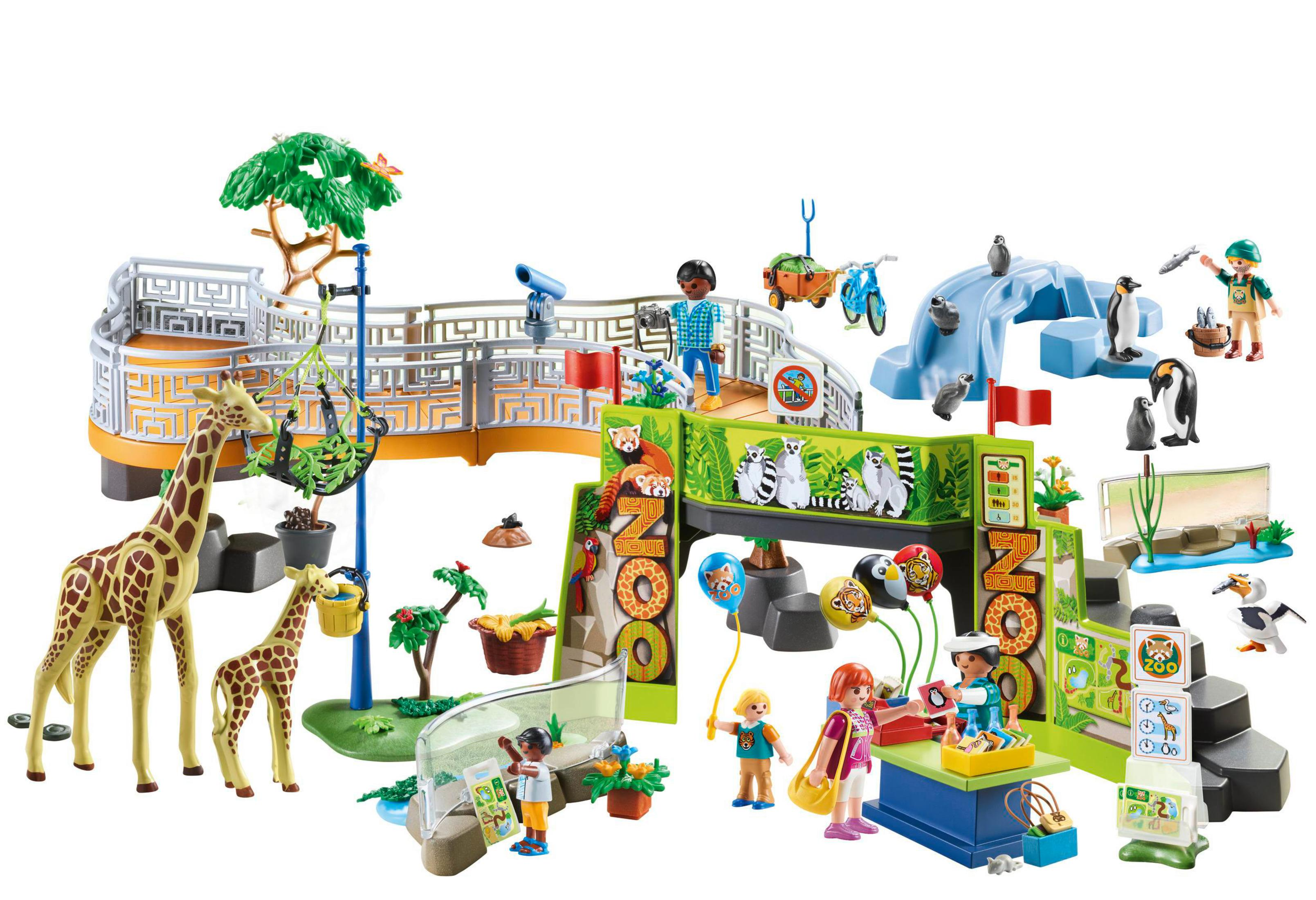 Playmobil Zoo-Spielset mit mehreren Tieren, Menschen und Zoostrukturen.