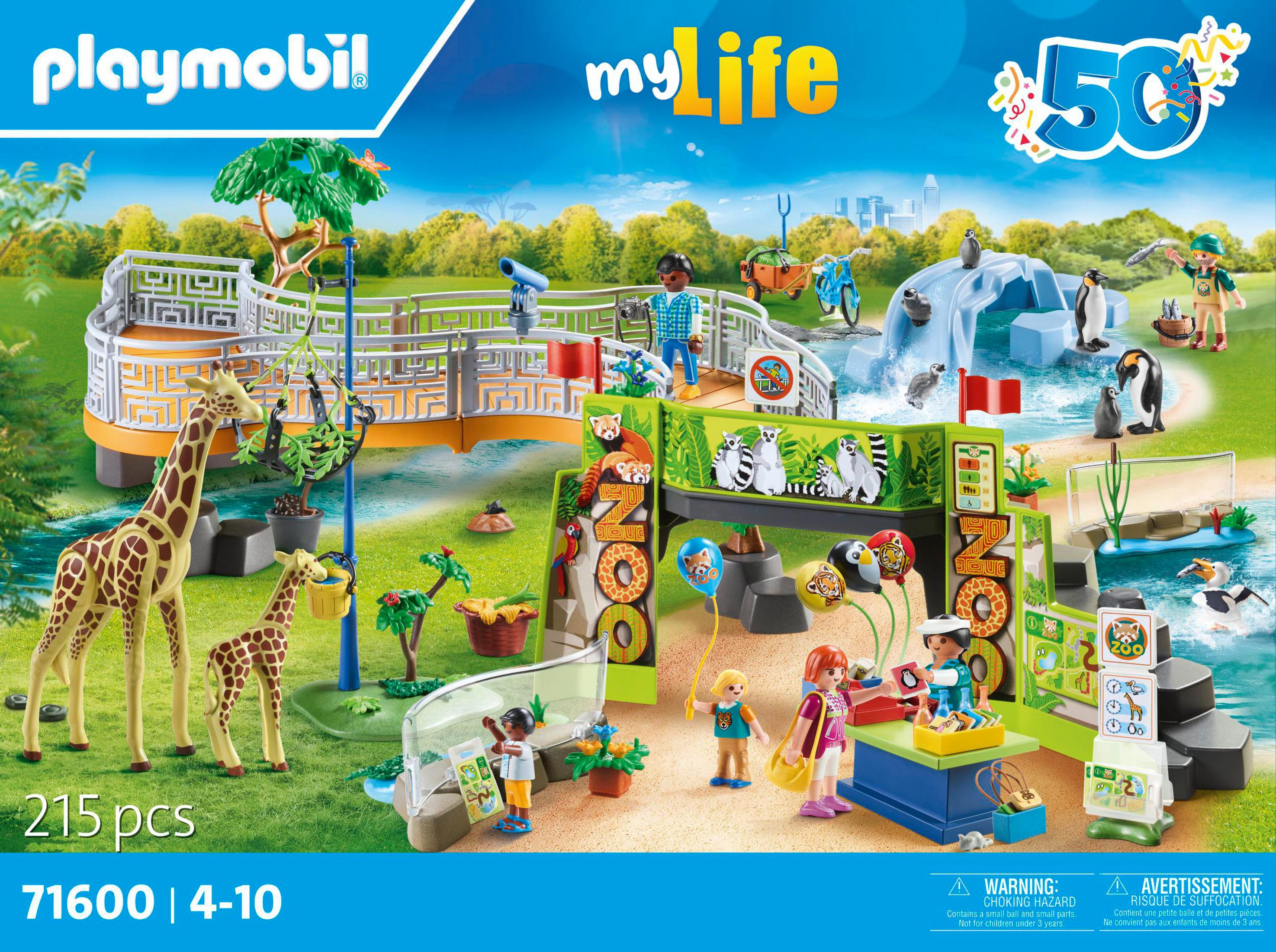 Playmobil Zoo-Set, farbenfroh mit Giraffe, Pfau, Pinguinen und mehreren Figuren.