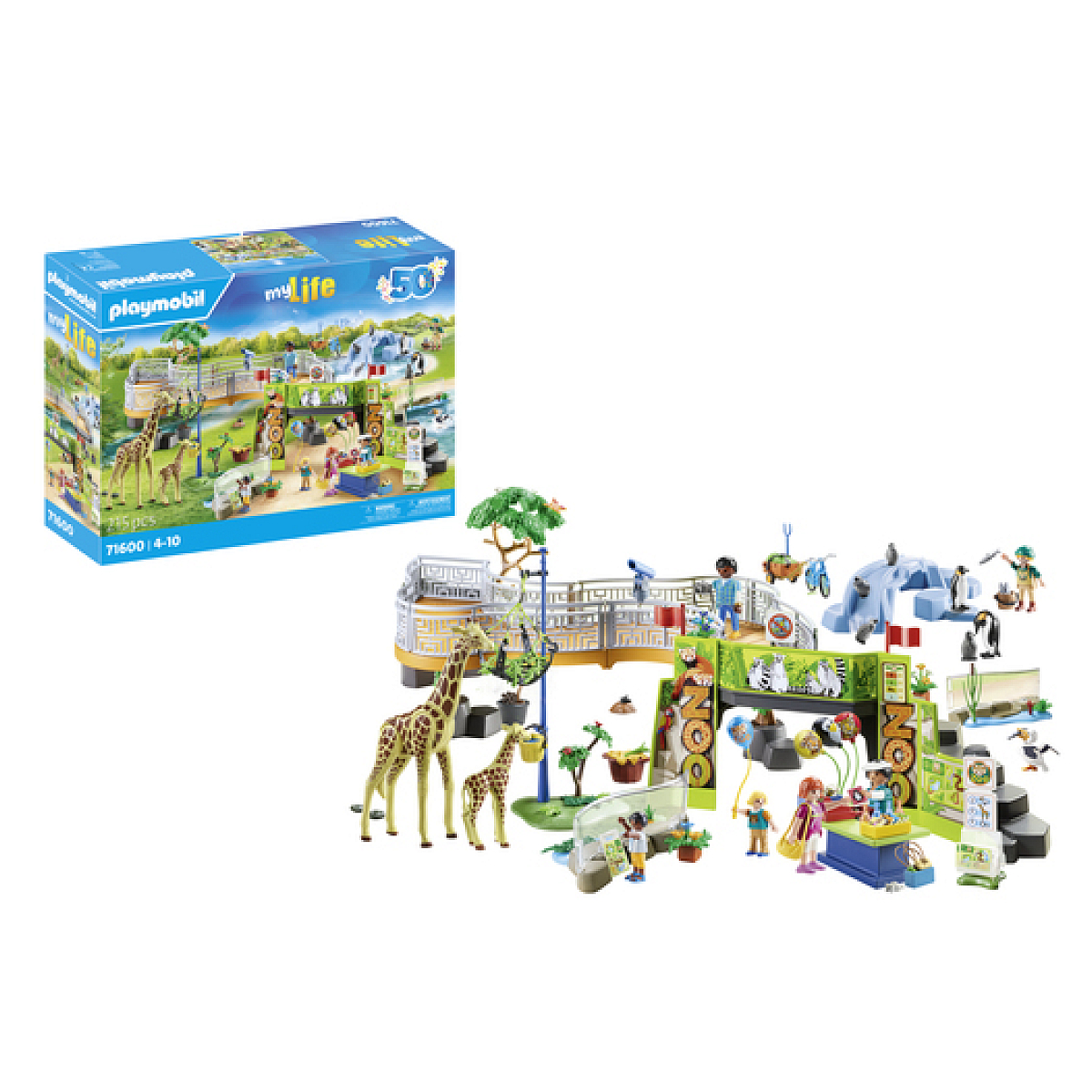 Playmobil Zoo-Set. Zoo-Szene mit Giraffen, Tieren und Figuren. Weißer Hintergrund.