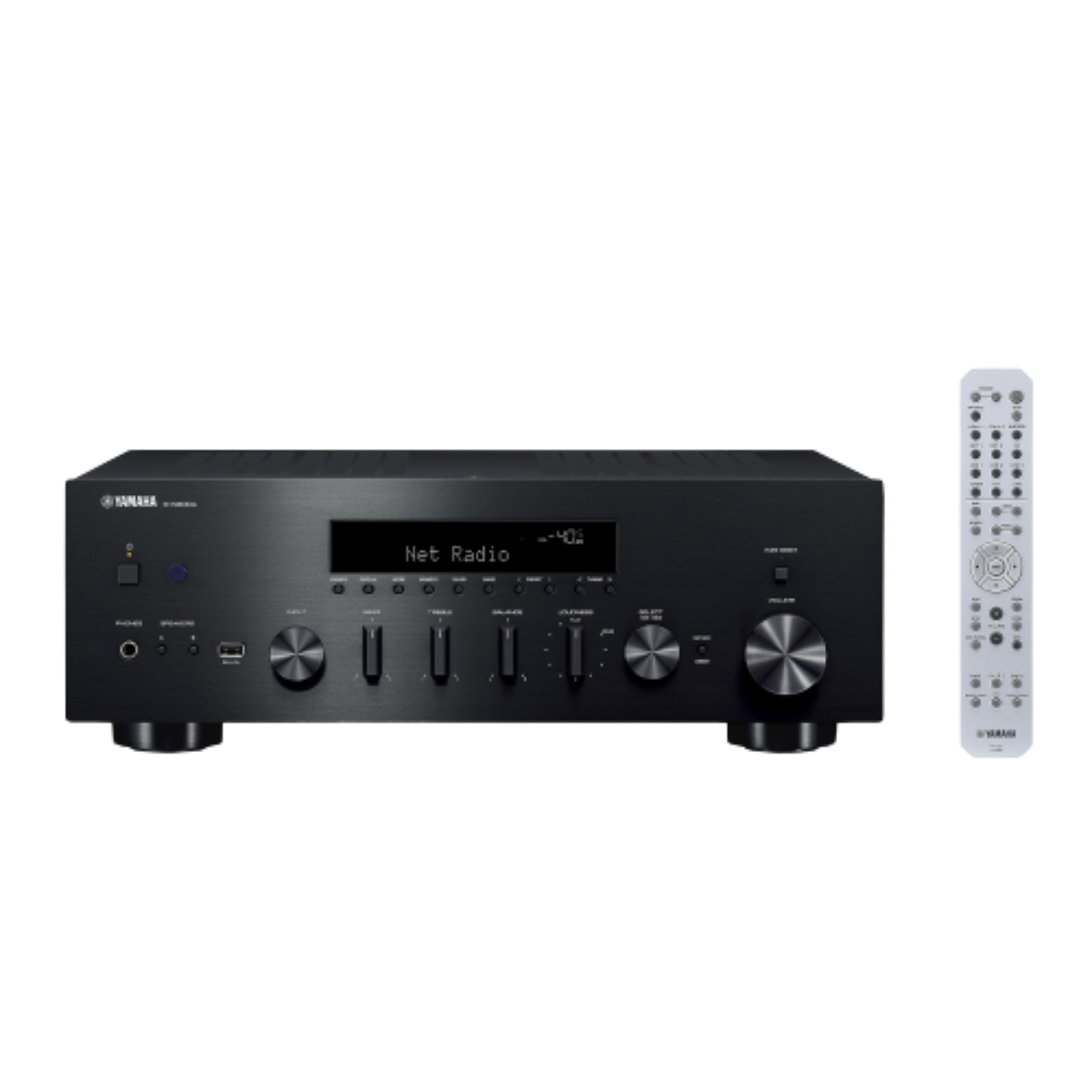 Bir ekran, düğmeler ve düğmeler içeren siyah bir stereo alıcı. Uzaktan kumanda sağda.