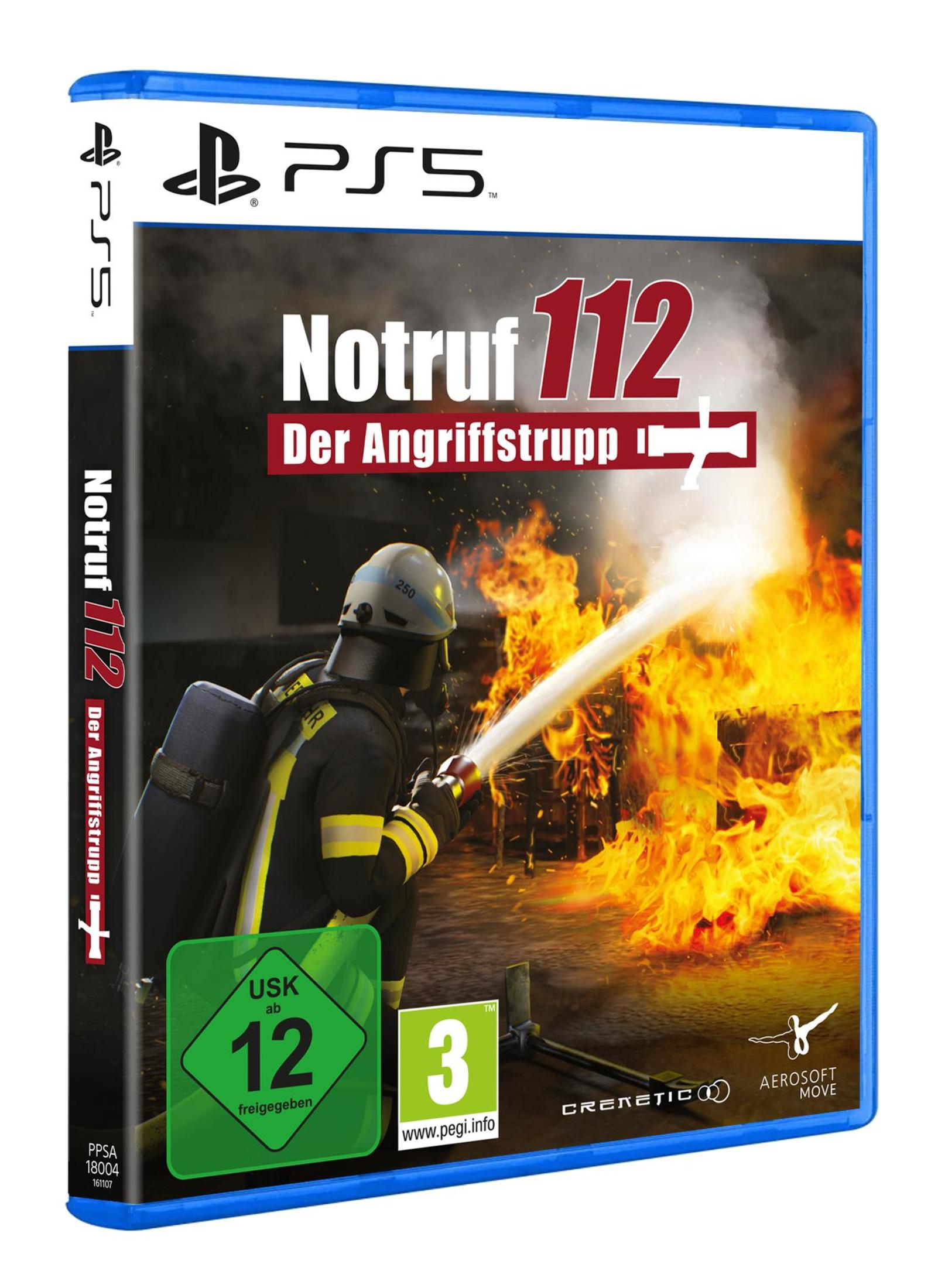PS5-Spielbox. Ein Feuerwehrmann zielt mit einem Schlauch auf ein Feuer, Titel 'Notruf 112'.