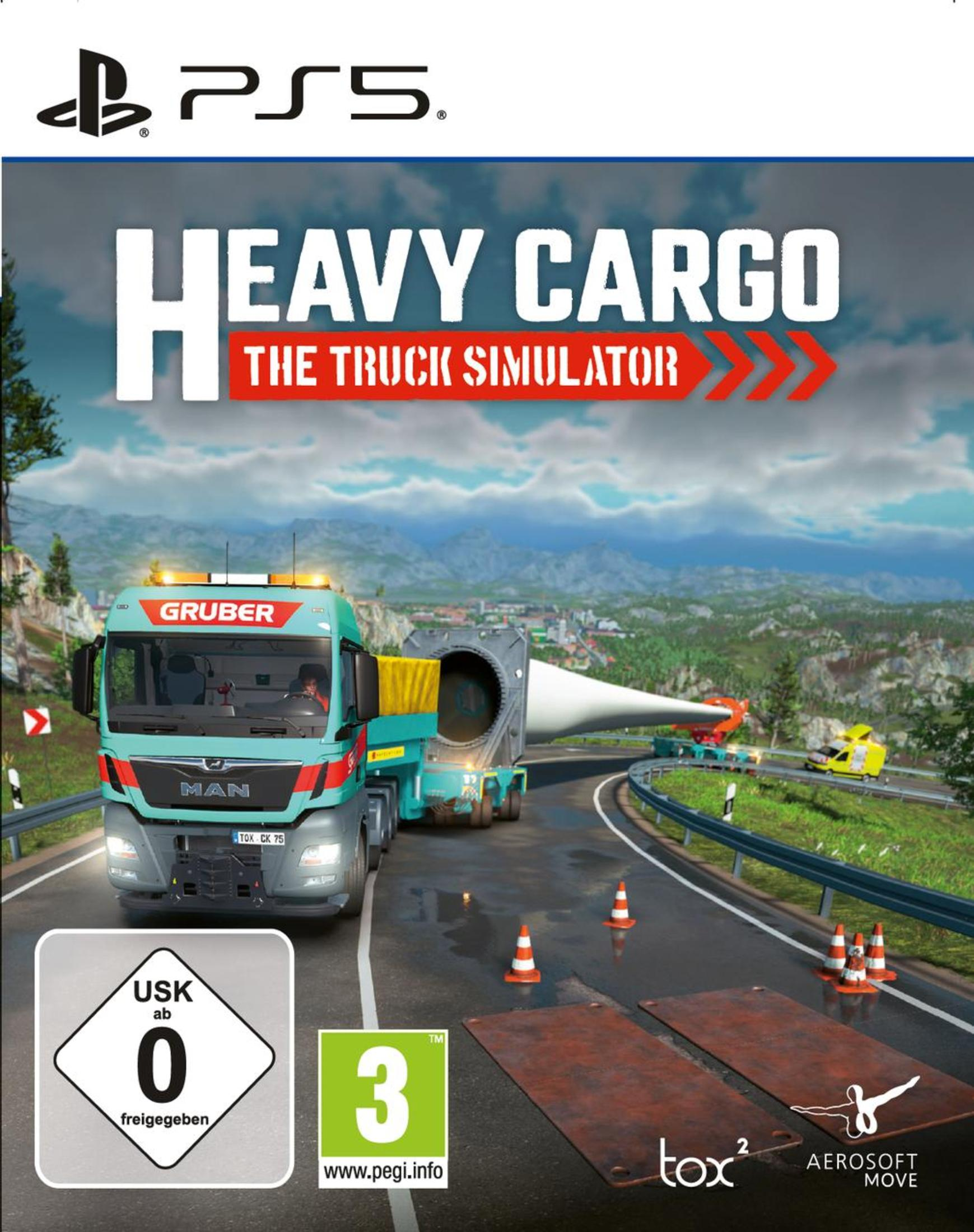 PS5-Spielcover von Heavy Cargo: The Truck Simulator. Ein LKW transportiert ein großes Objekt auf einer Straße durch Berge.