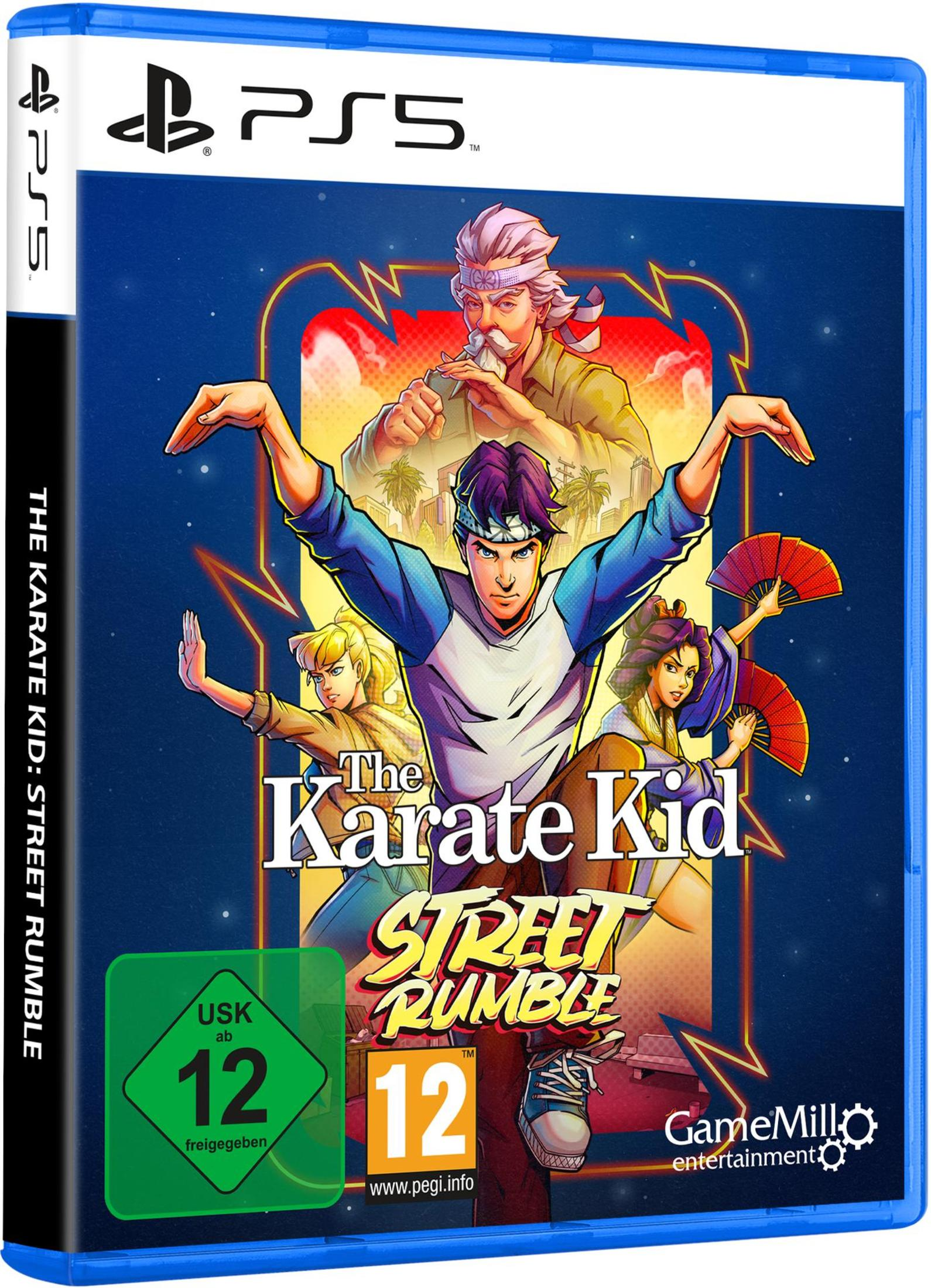 PS5-Spielbox für The Karate Kid: Street Rumble. Cover-Art von Charakteren in Karate-Posen. Blauer Hintergrund.
