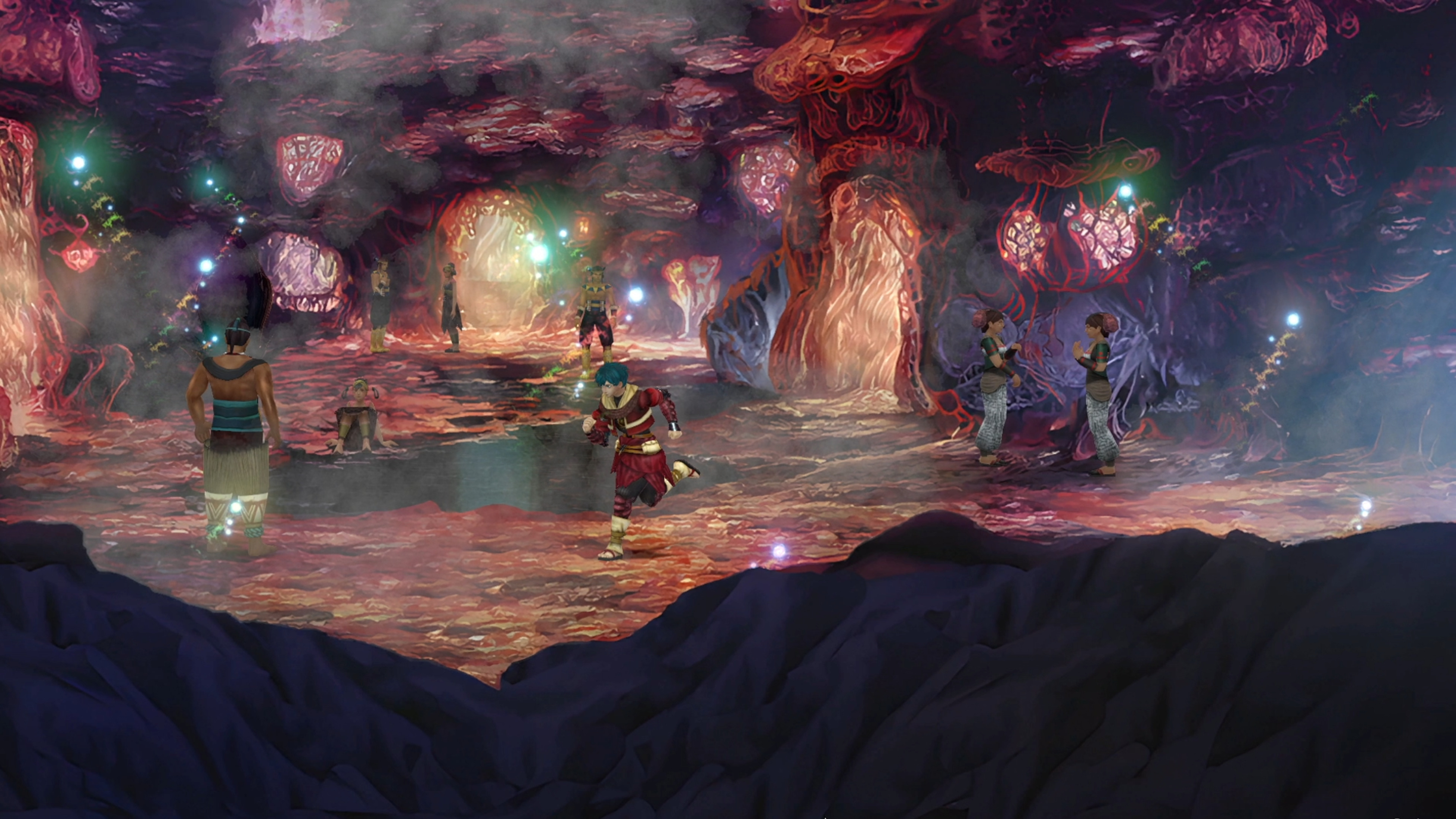 Una scena di grotta con diverse figure, tra cui una che corre, in un mondo fantasy con formazioni rocciose colorate.