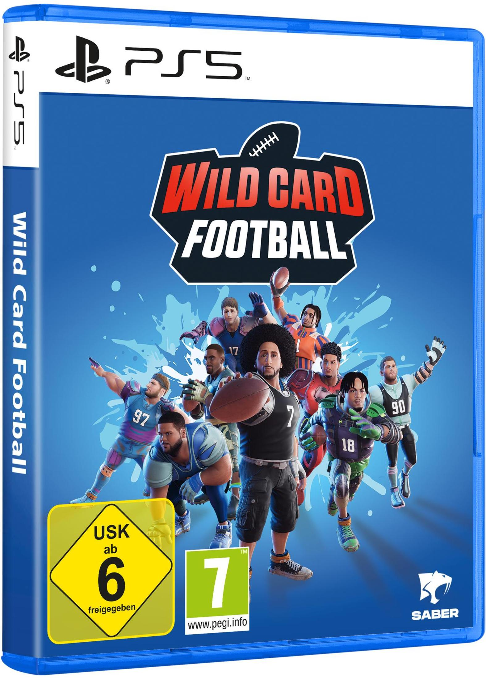 PS5-Spielbox von Wild Card Football. Spieler in Aktion, blauer Hintergrund.
