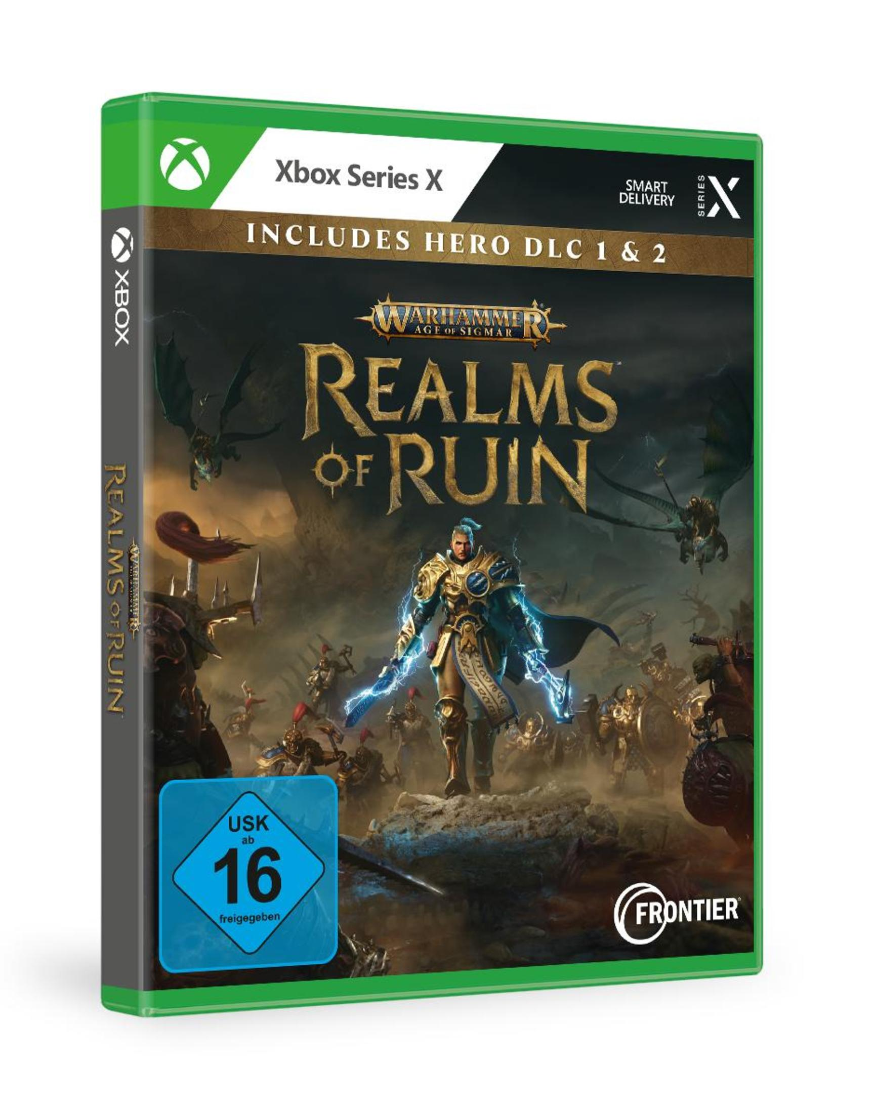 Xbox Series X Spielbox mit Warhammer: Realms of Ruin. Das Spielcover zeigt einen Krieger.