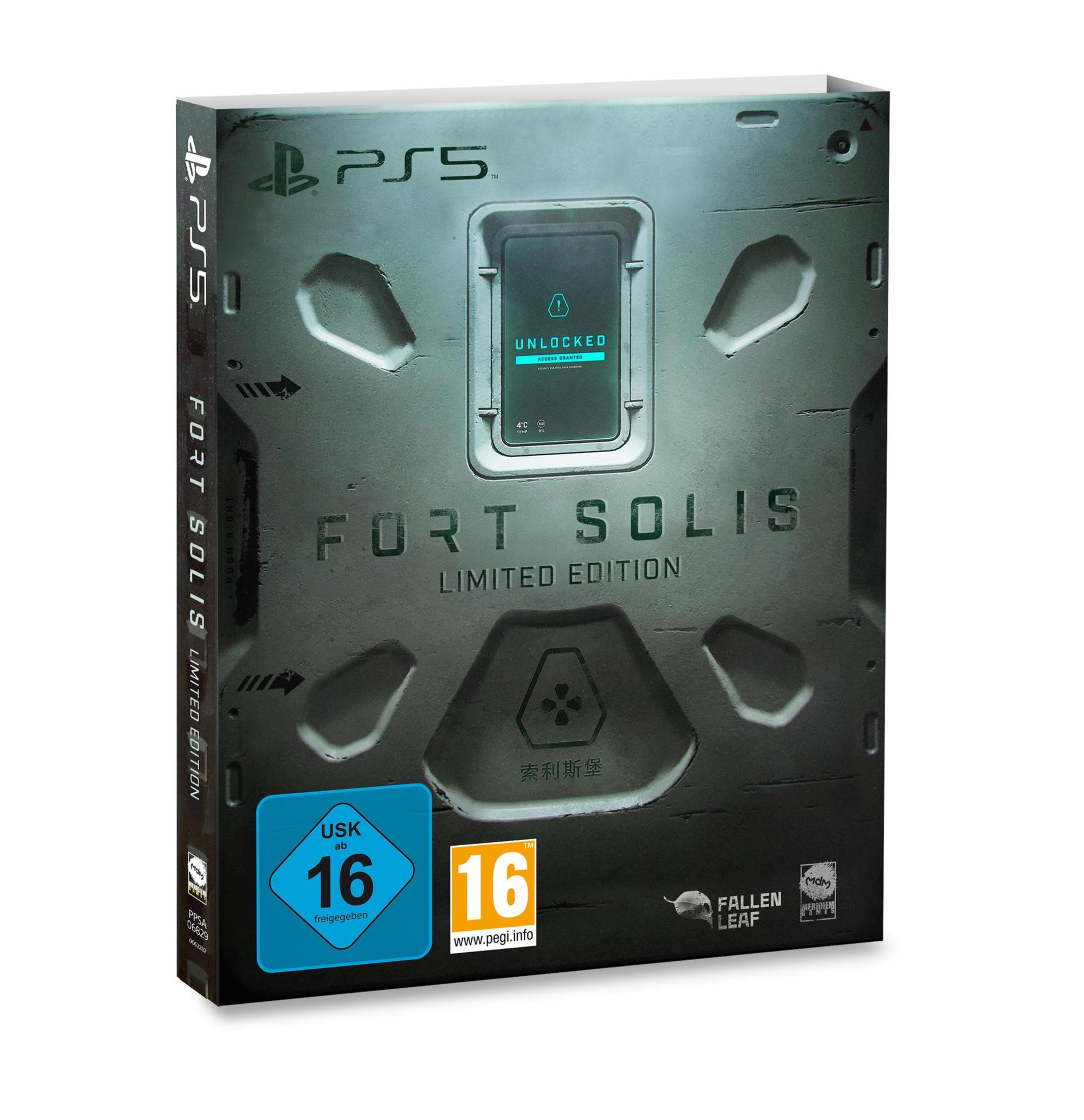 Eine PS5-Spielbox, schwarz, mit dem Titel 'Fort Solis Limited Edition' und USK 16.