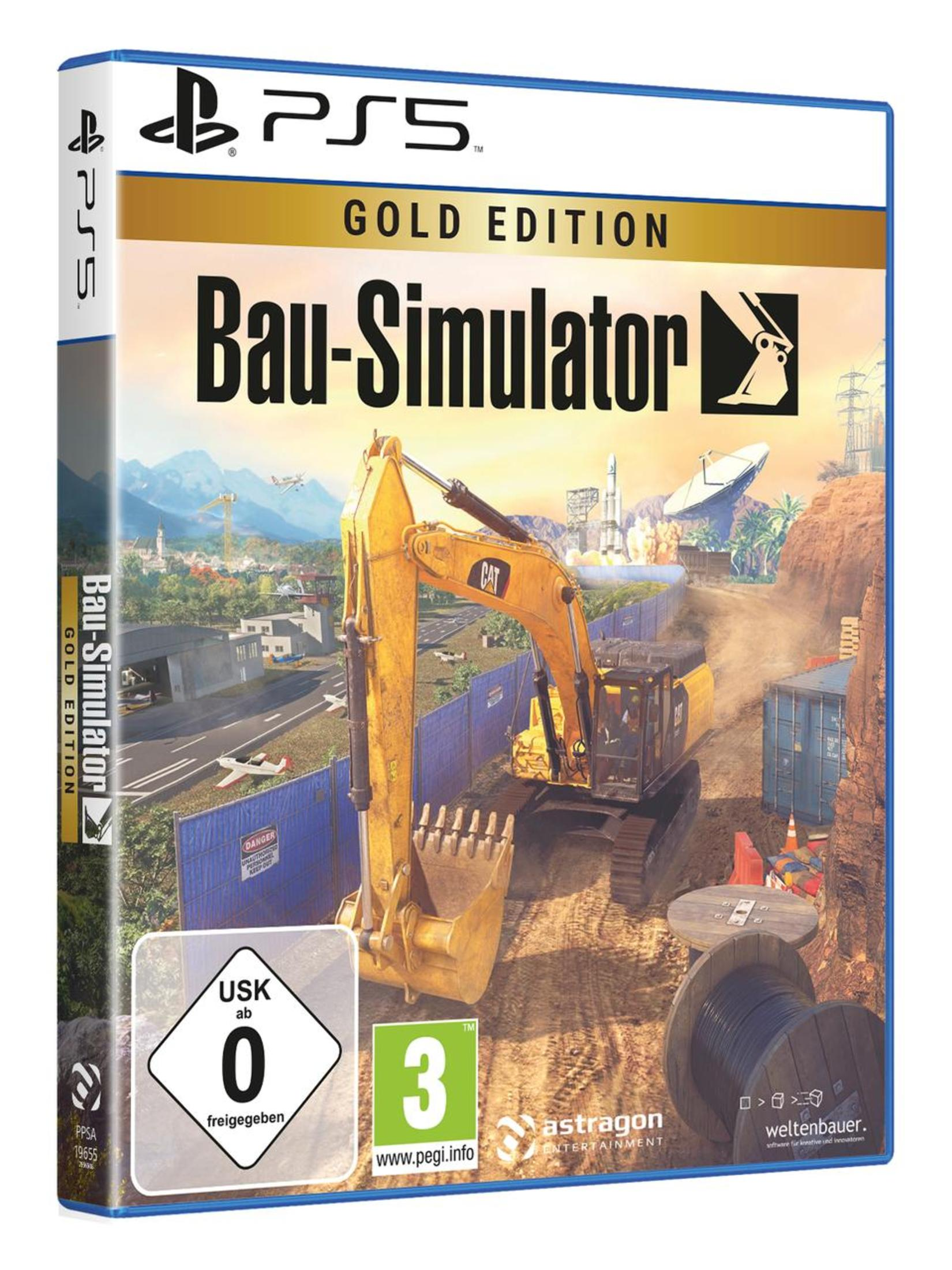 Spielbox für Bau-Simulator Gold Edition mit gelbem Bagger auf dem Cover.