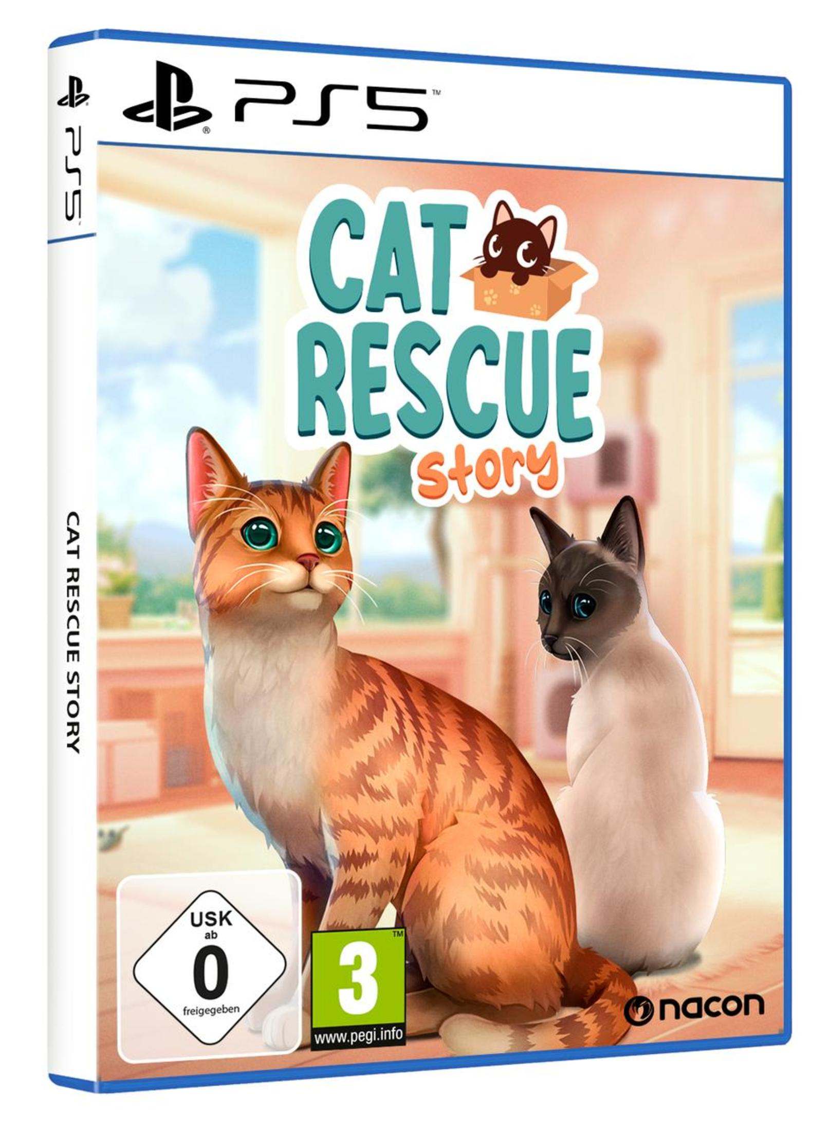 Cat Rescue Story, eine PS5-Spielbox. Es zeigt zwei Katzen mit dem Spieletitel auf der Vorderseite.