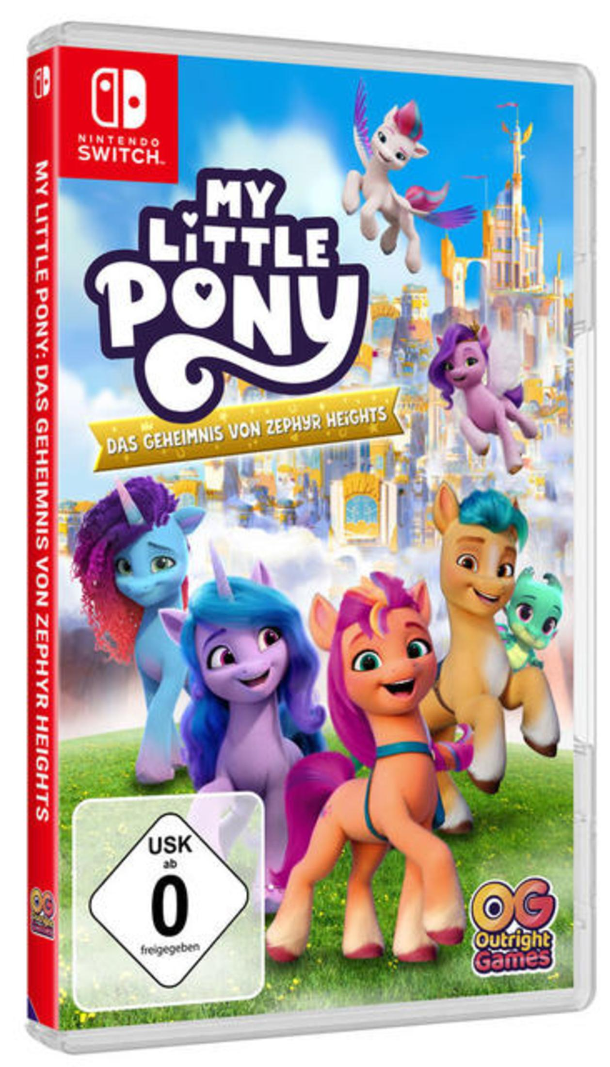 My Little Pony Nintendo Switch Spielcover. Enthält bunte Ponys und ein Schloss auf grünem Feld.